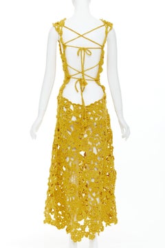 ULLA JOHNSON 2023 Yael yellow openwork guipure lace crochet dress S