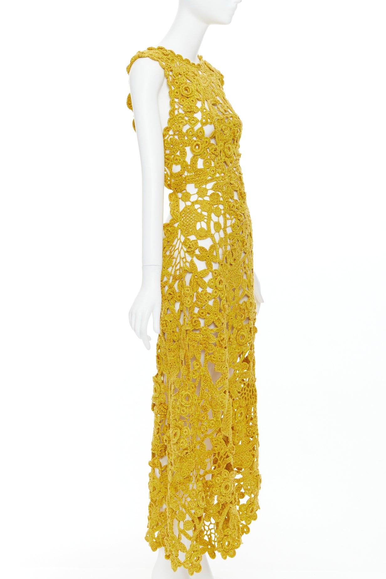 Yellow ULLA JOHNSON 2023 Yael yellow openwork guipure lace crochet dress S