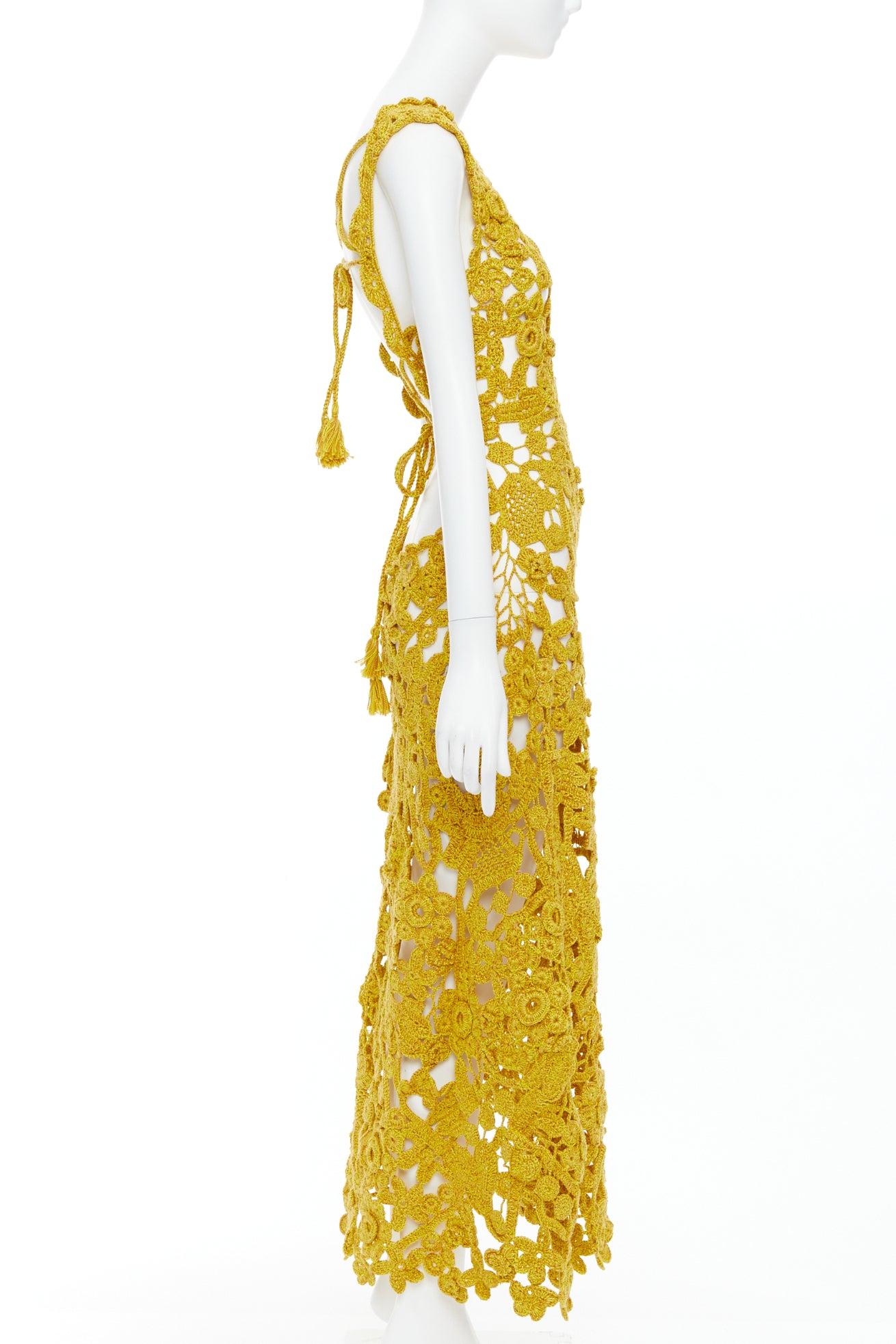 ULLA JOHNSON 2023 Yael yellow openwork guipure lace crochet dress S In Excellent Condition In Hong Kong, NT