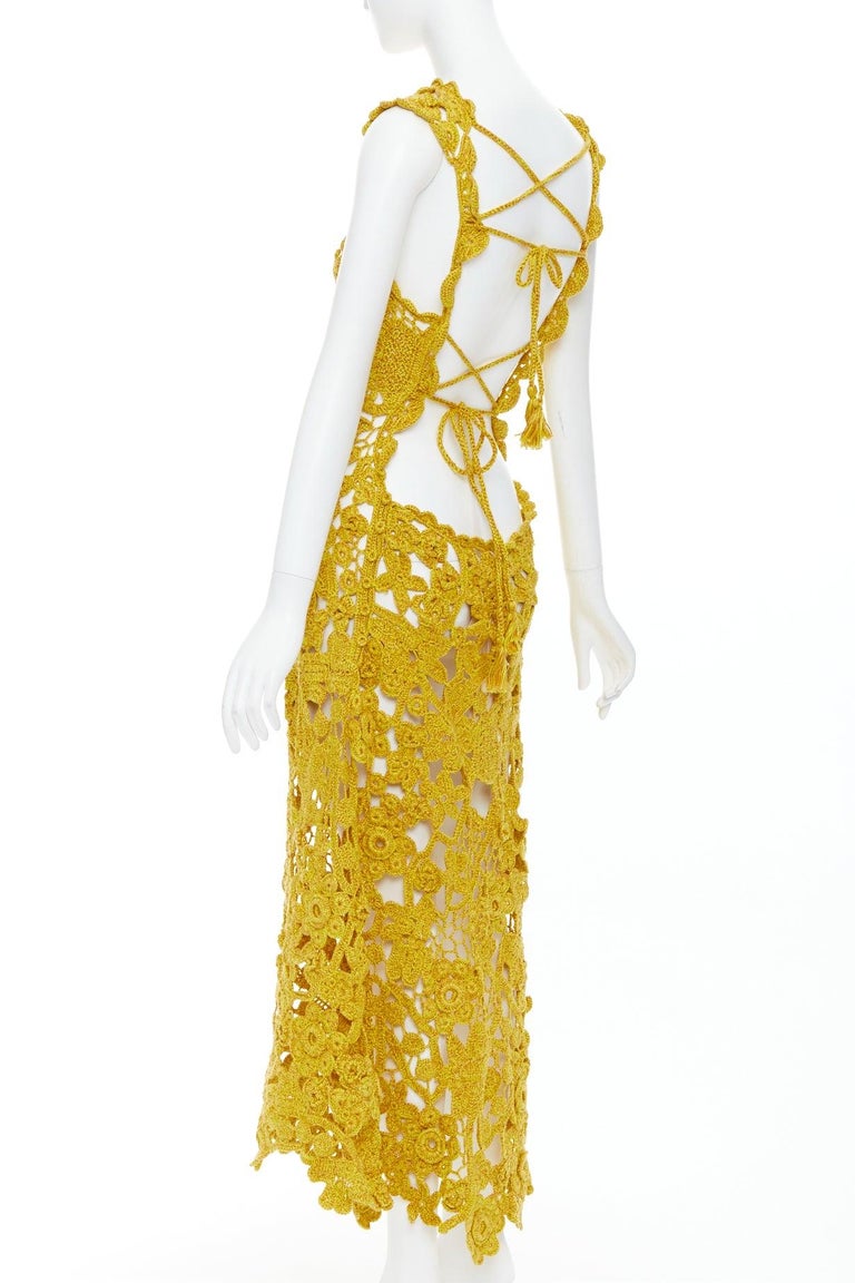 ULLA JOHNSON 2023 Yael yellow openwork guipure lace crochet dress S at  1stDibs