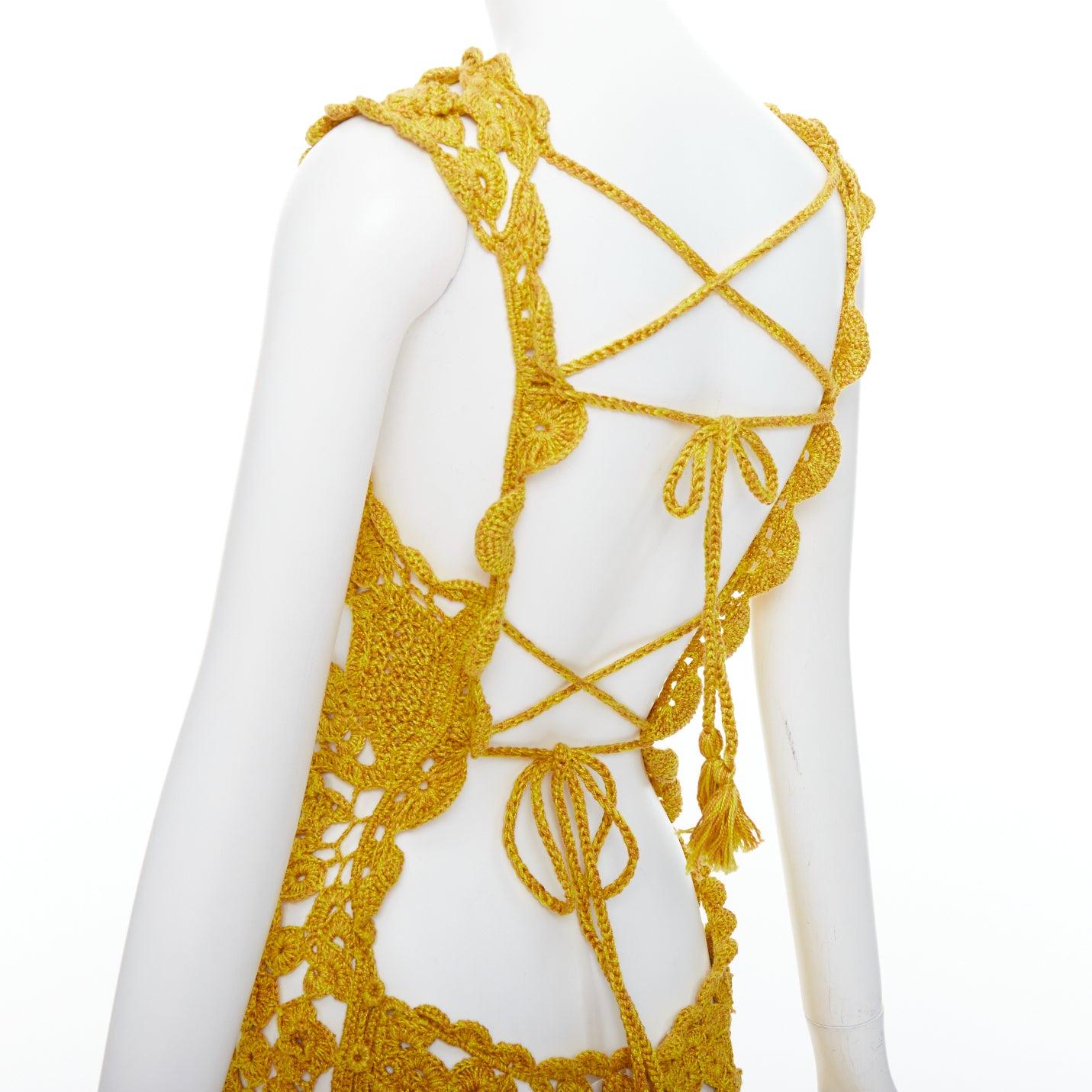 ULLA JOHNSON 2023 Yael yellow openwork guipure lace crochet dress S 1