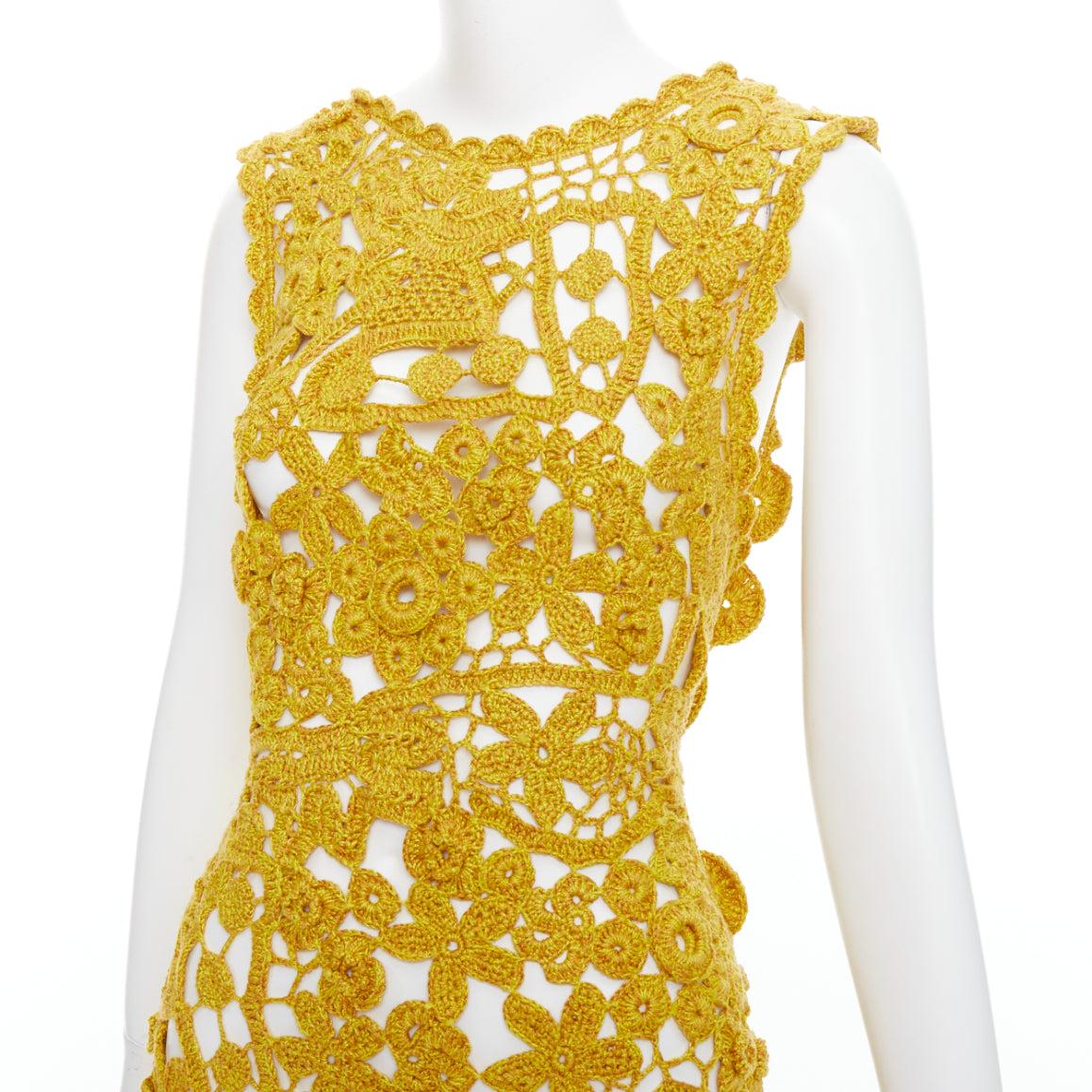 ULLA JOHNSON 2023 Yael yellow openwork guipure lace crochet dress S 2
