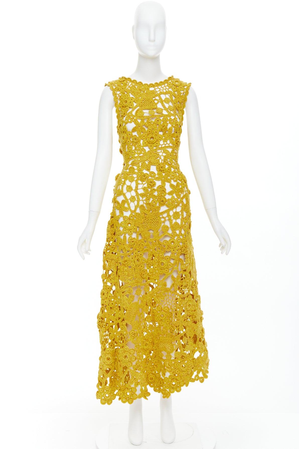 ULLA JOHNSON 2023 Yael yellow openwork guipure lace crochet dress S 4
