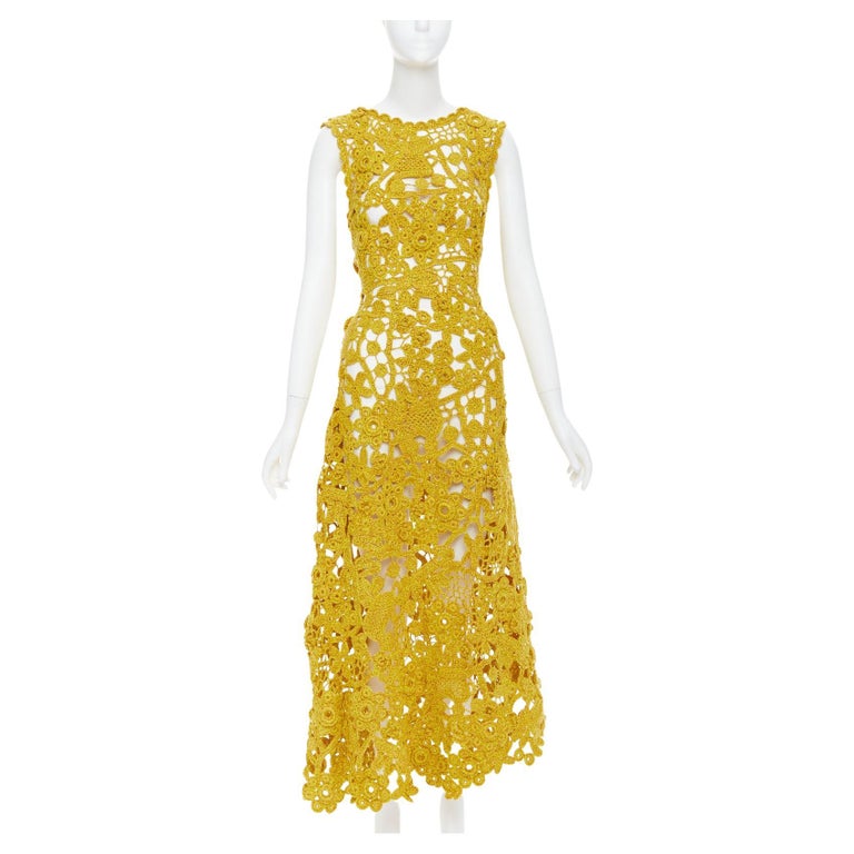 ULLA JOHNSON 2023 Yael yellow openwork guipure lace crochet dress S at  1stDibs