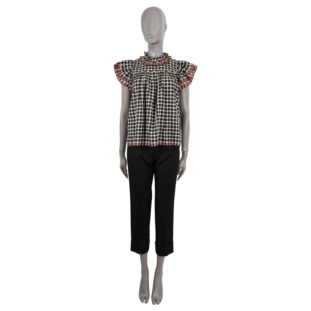 100% authentic Ulla Johnson Blair top in black and white gingham cotton (100% - please note the conent tag is missing). Features puffed shoulder, subtle gathering and ruffled trims and claret striping. Opens with a concealed hook zip in the back.