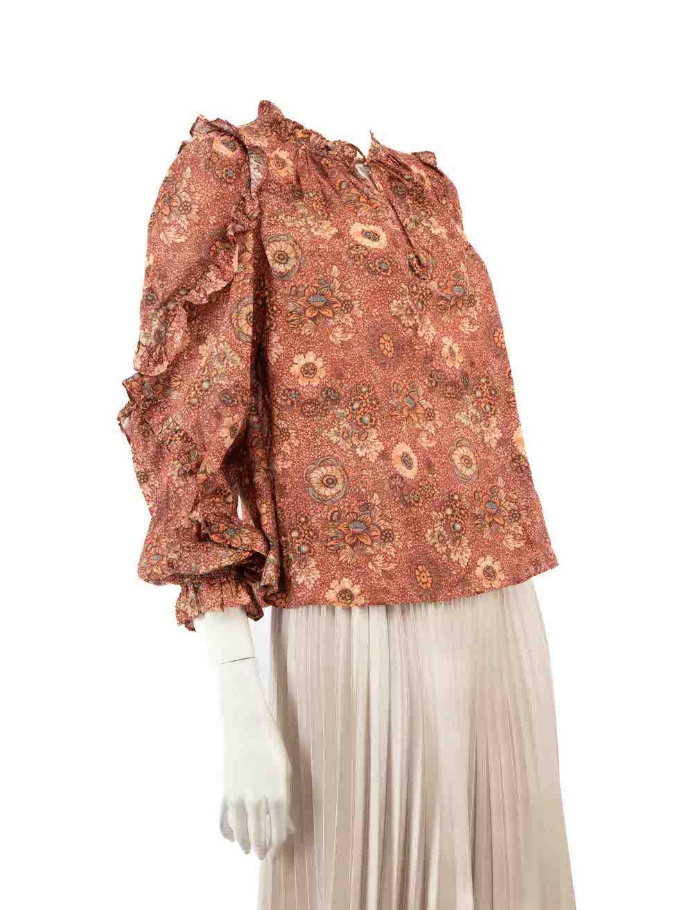CONDITION is Very good. Hardly any visible wear to blouse is evident on this used Ulla Johnson designer resale item.
 
 
 
 Details
 
 
 Brown
 
 Cotton
 
 Top
 
 Floral print
 
 Long sleeves
 
 Ruffle detail
 
 Neck tie detail
 
 
 
 
 
 Made in