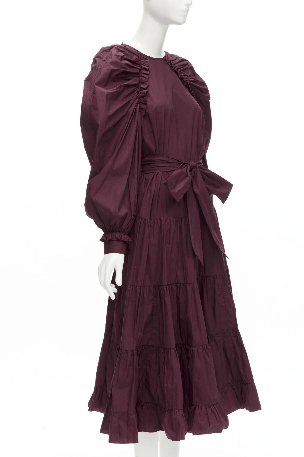 Black ULLA JOHNSON burgundy cotton bow belt balloon sleeves flared midi dress US2 XS For Sale