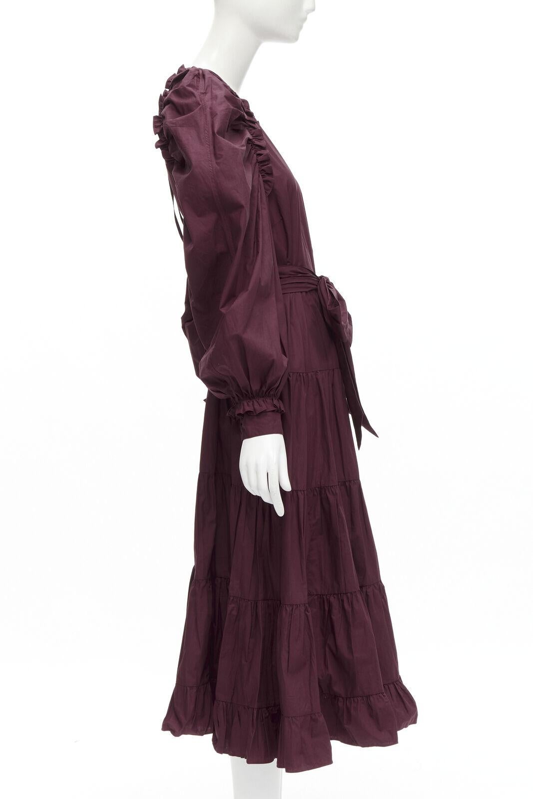 ULLA JOHNSON burgundy cotton bow belt balloon sleeves flared midi dress US2 XS In Excellent Condition For Sale In Hong Kong, NT