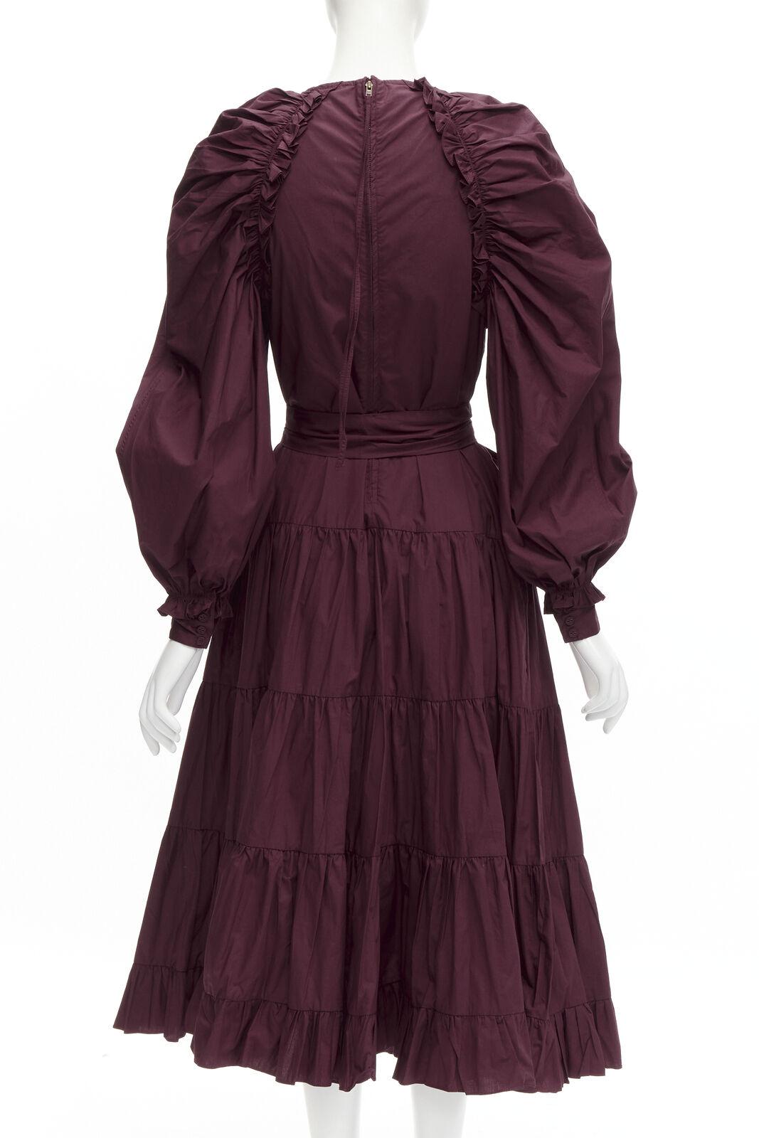 Women's ULLA JOHNSON burgundy cotton bow belt balloon sleeves flared midi dress US2 XS For Sale