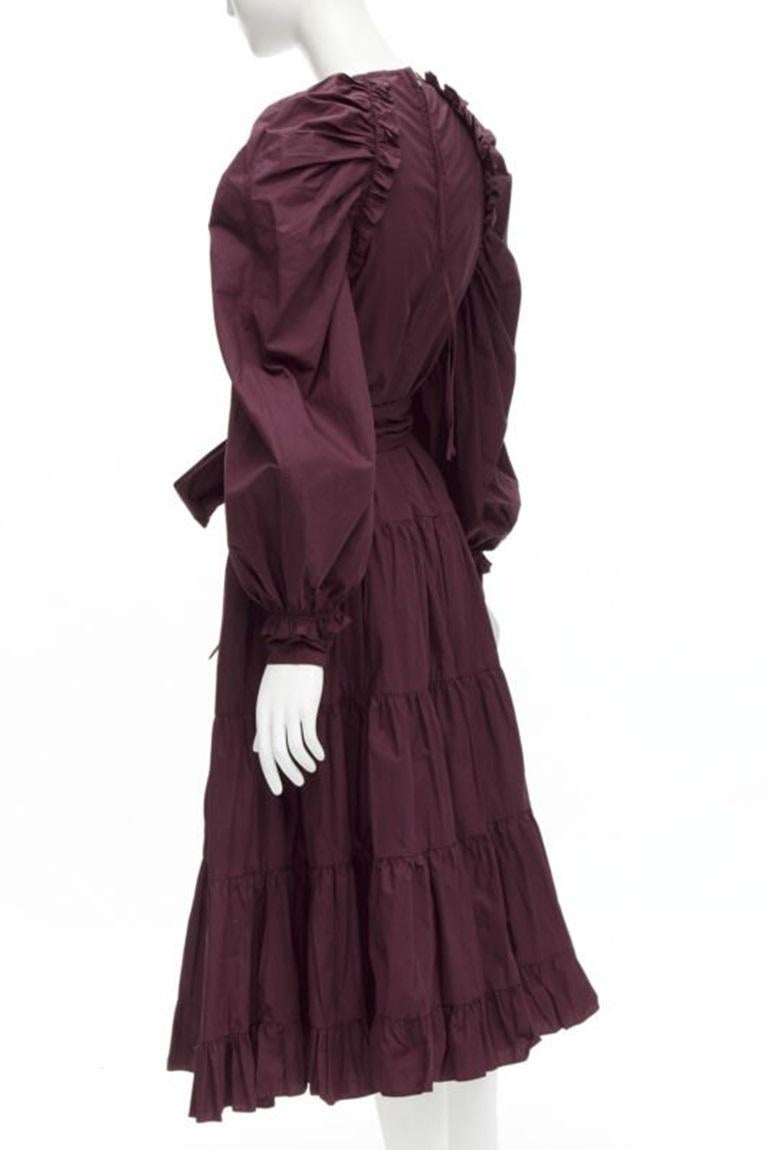 ULLA JOHNSON burgundy cotton bow belt balloon sleeves flared midi dress US2 XS For Sale 1