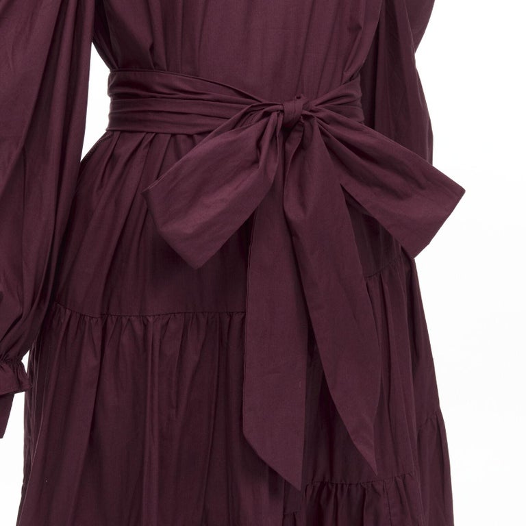 ULLA JOHNSON burgundy cotton bow belt balloon sleeves flared midi dress US2  XS at 1stDibs