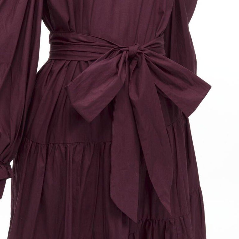 ULLA JOHNSON burgundy cotton bow belt balloon sleeves flared midi dress US2  XS For Sale at 1stDibs
