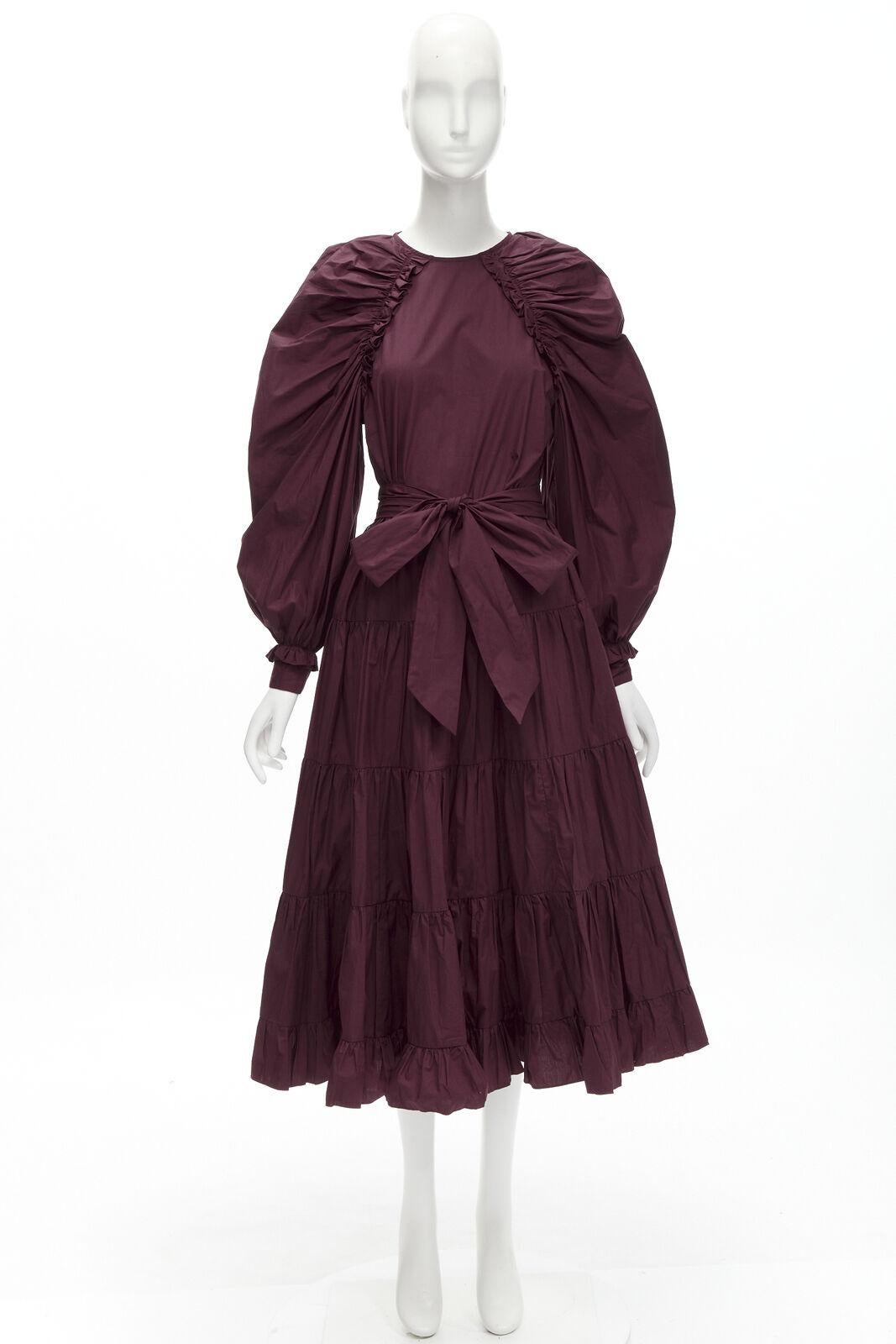 ULLA JOHNSON burgundy cotton bow belt balloon sleeves flared midi dress US2 XS For Sale 4