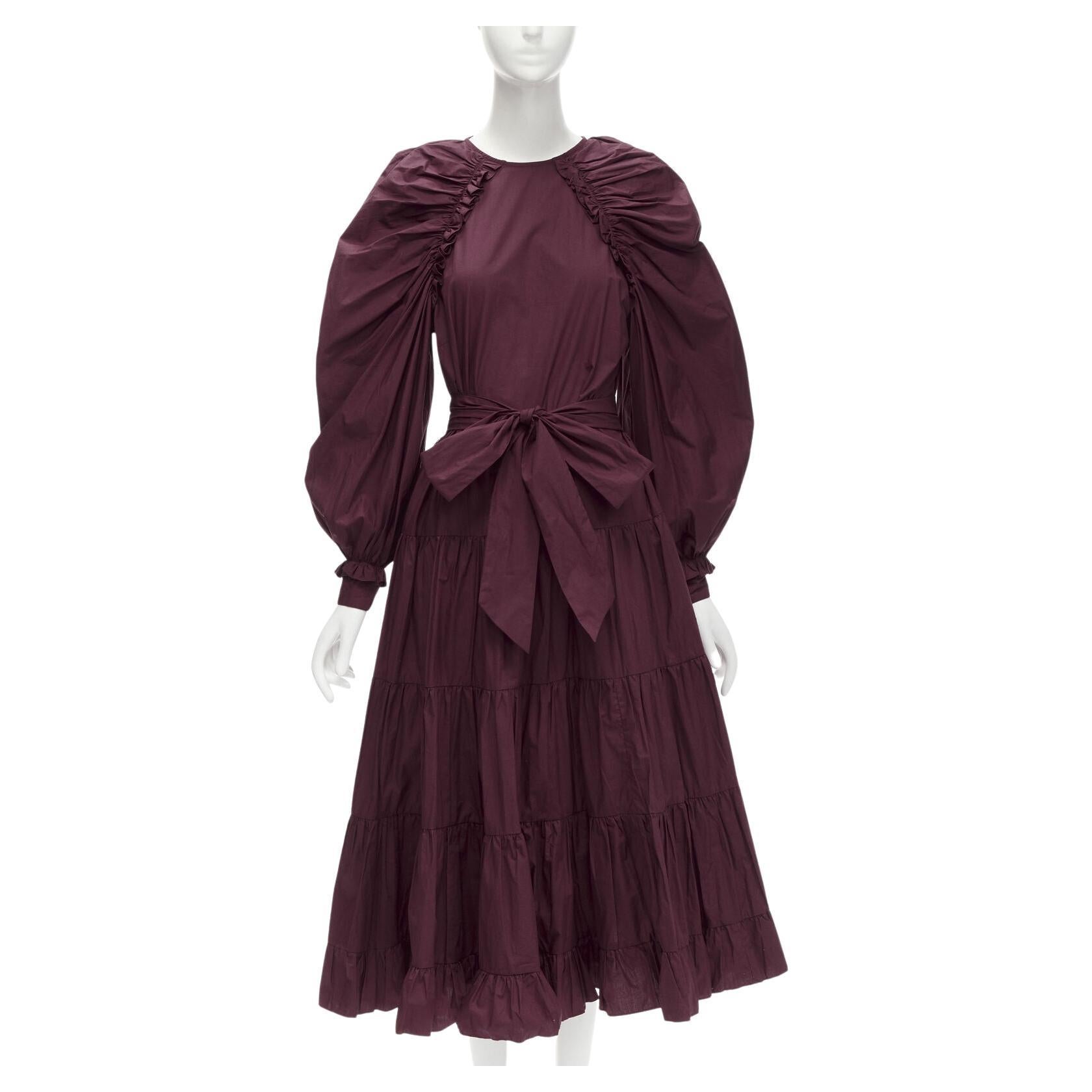 ULLA JOHNSON burgundy cotton bow belt balloon sleeves flared midi dress US2 XS For Sale