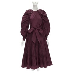Ulla Johnson - Vestito midi svasato con maniche a palloncino in cotone bordeaux con cintura a fiocco US2 XS
