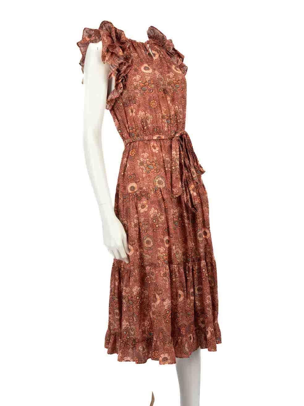 CONDITION is Very good. Hardly any visible wear to dress is evident on this used Ulla Johnson designer resale item.
 
 
 
 Details
 
 
 Multicolour- brown tone
 
 Cotton
 
 Dress
 
 Floral pattern
 
 Midi
 
 Sleeveless
 
 Ruffle trim
 
 Front neck