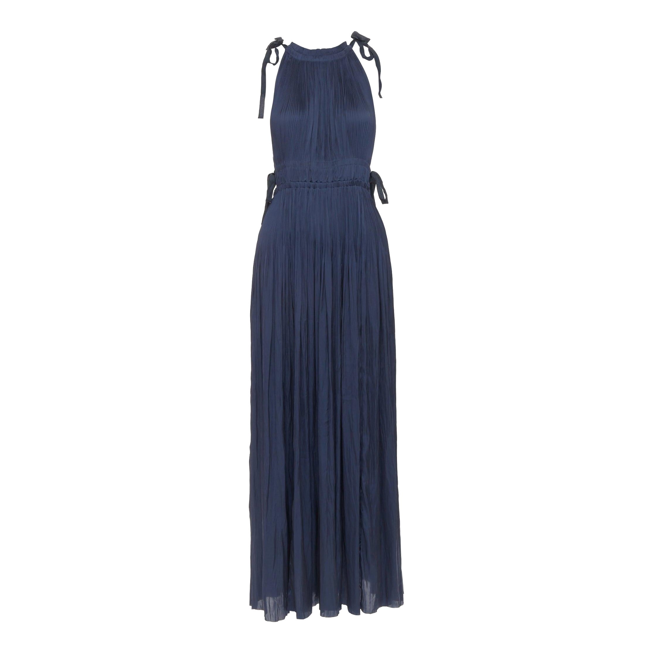 ULLA JOHNSON - Robe midi à col licou plissé et cordon de serrage bleu nuit US0 XS en vente