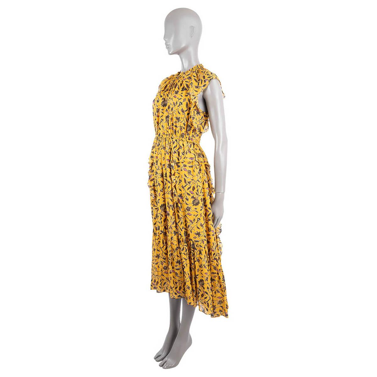 100% authentic Ulla Johnson Dania midi dress in mustard silk georgette (70%), cotton (27%) and lurex (3%) with vine floral print. Features a V-neck, elastic waistband, asymmetric ruffled details with self-tie shoulder and a handkerchief hem. Lined