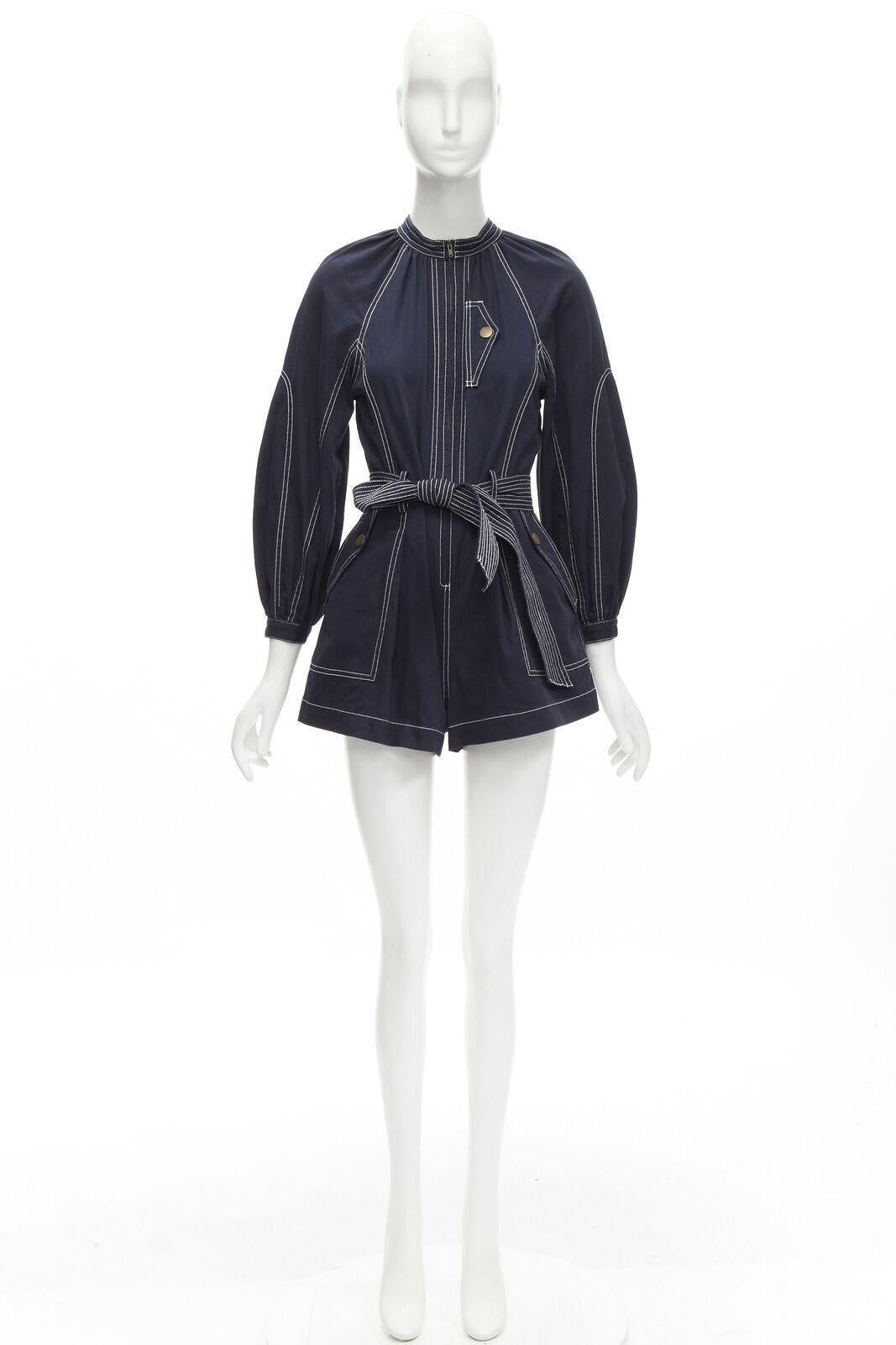 ULLA JOHNSON Piper navy blue cotton overstitching belted playsuit romper US0 XS 6