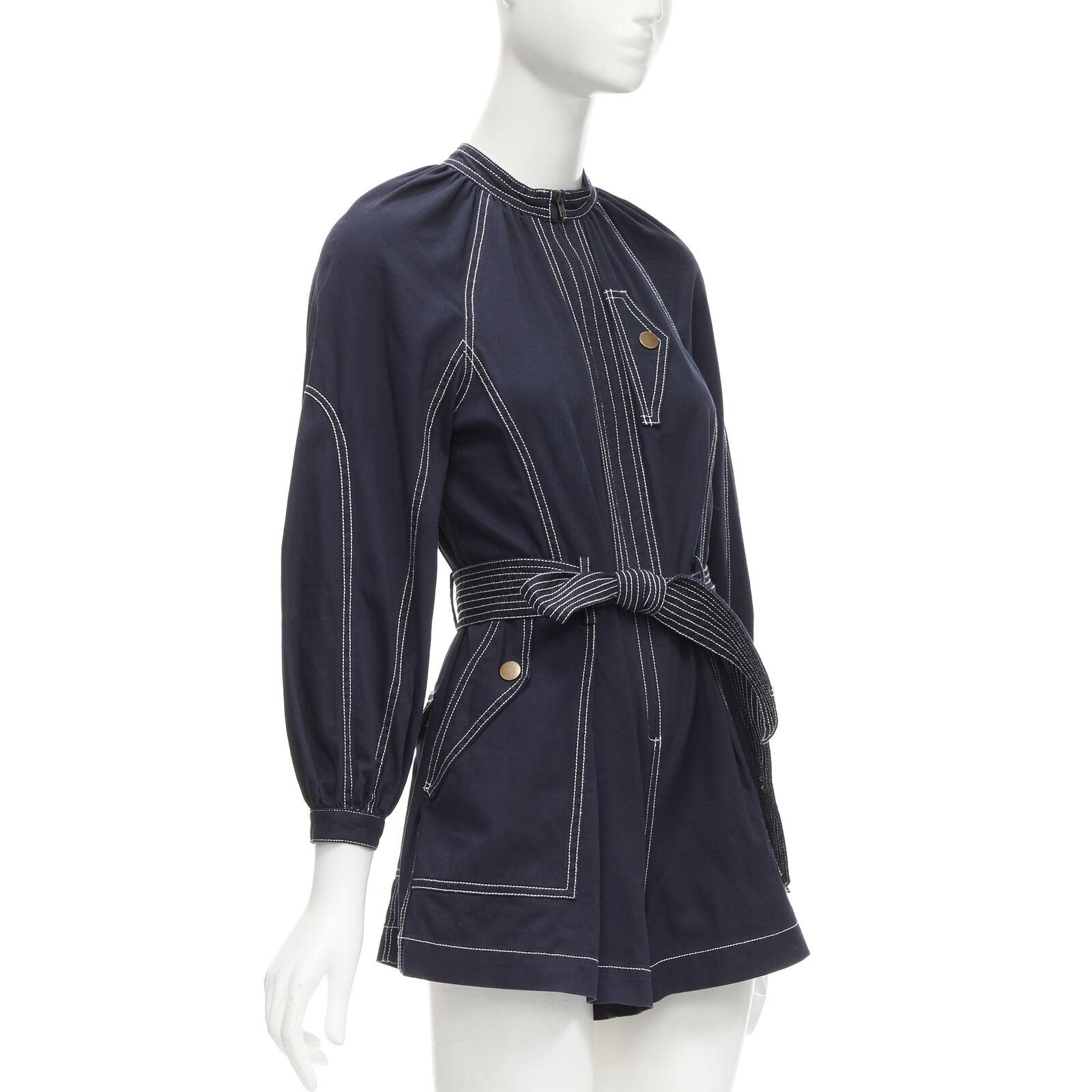 ULLA JOHNSON Piper navy blue cotton overstitching belted playsuit romper US0 XS In Excellent Condition In Hong Kong, NT