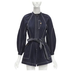 ULLA JOHNSON Piper navy blue cotton overstitching belted playsuit romper US0 XS