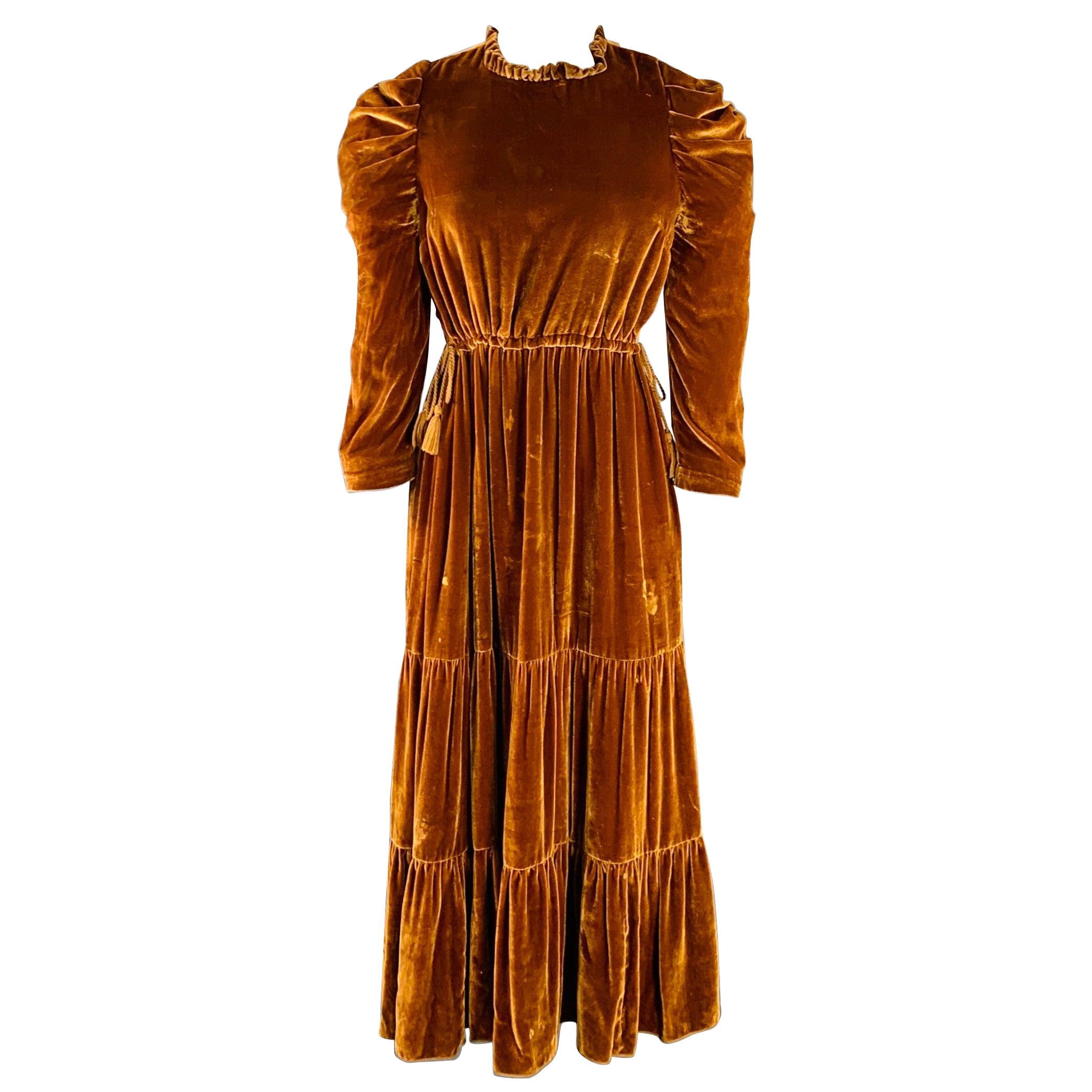 ULLA JOHNSON Size 2 Bunny Yellow Mustard Velvet Ruffle Midi Dress For Sale