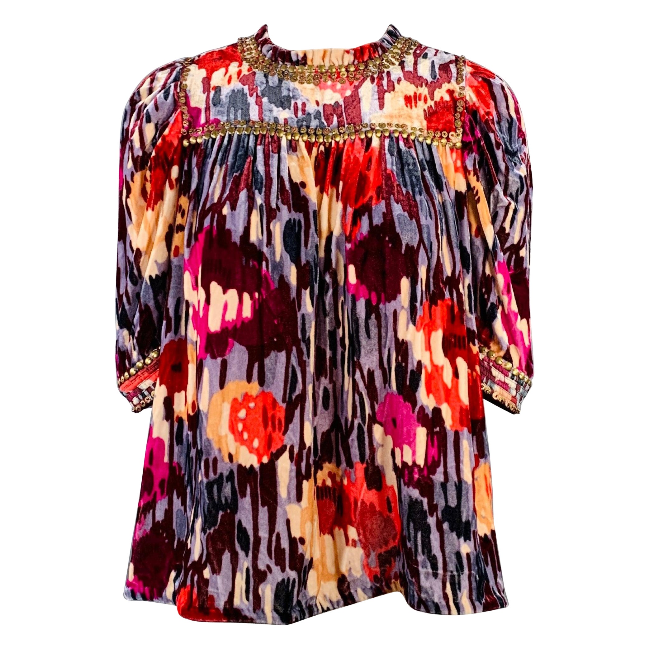 ULLA JOHNSON Size 2 Multi Color Velour Abstract Floral Beaded Blouse