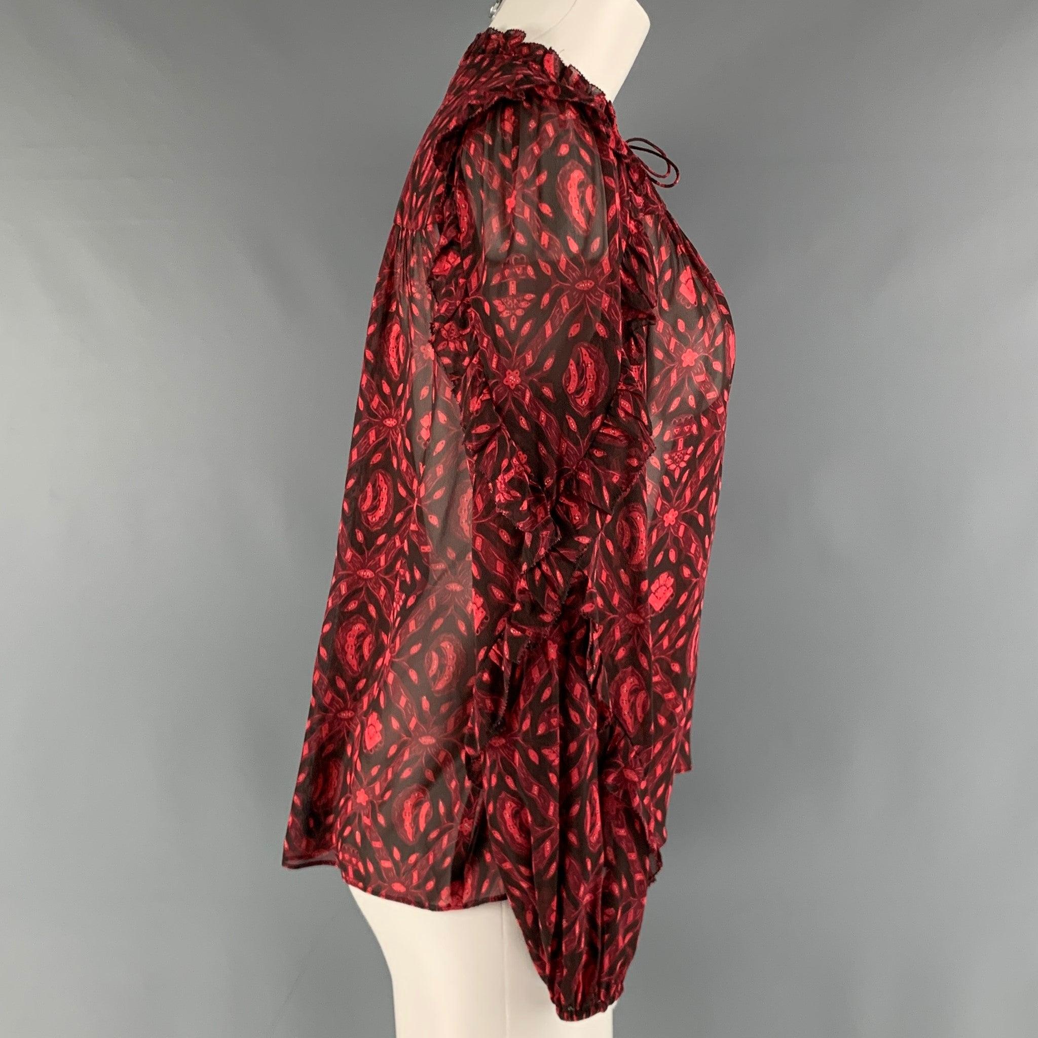 ULLA JOHNSON Size 2 Red Black Silk Abstract V-Neck Casual Top In Excellent Condition For Sale In San Francisco, CA