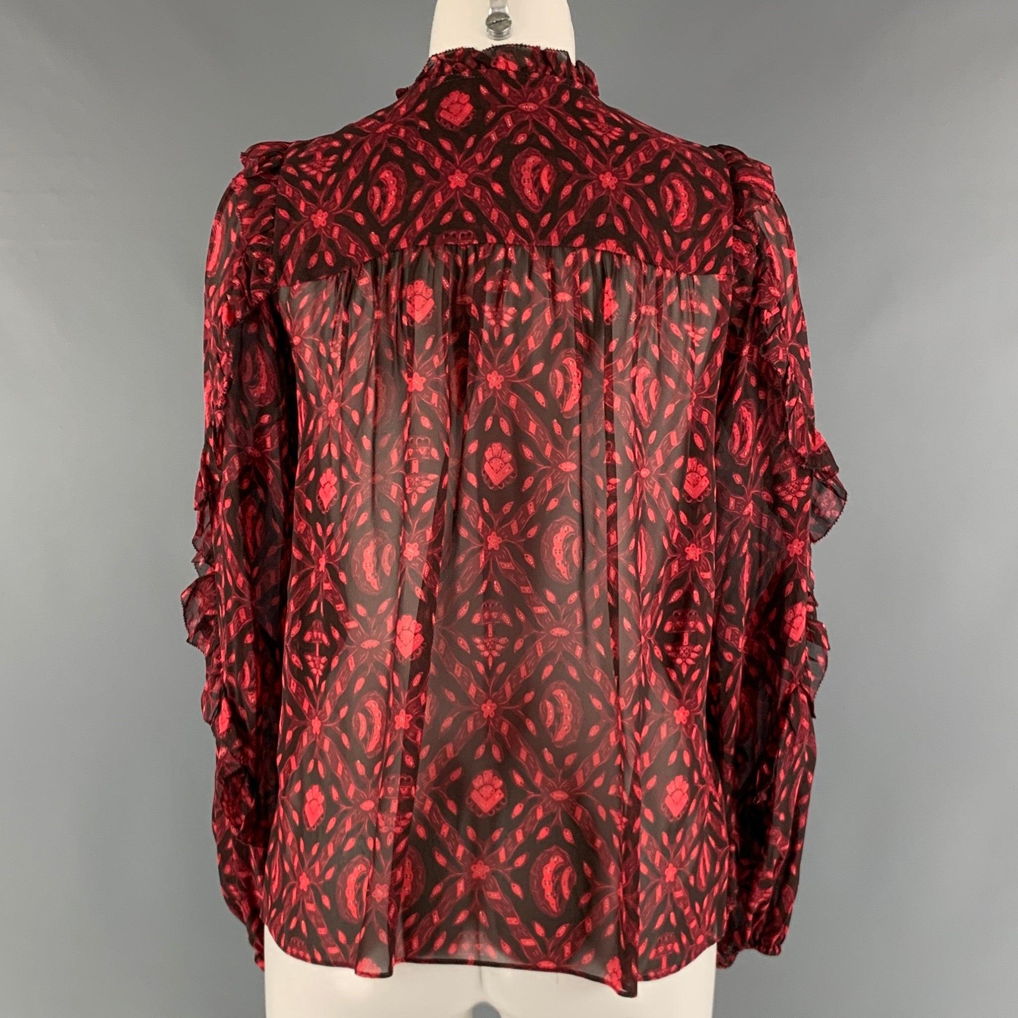 Women's ULLA JOHNSON Size 2 Red Black Silk Abstract V-Neck Casual Top For Sale