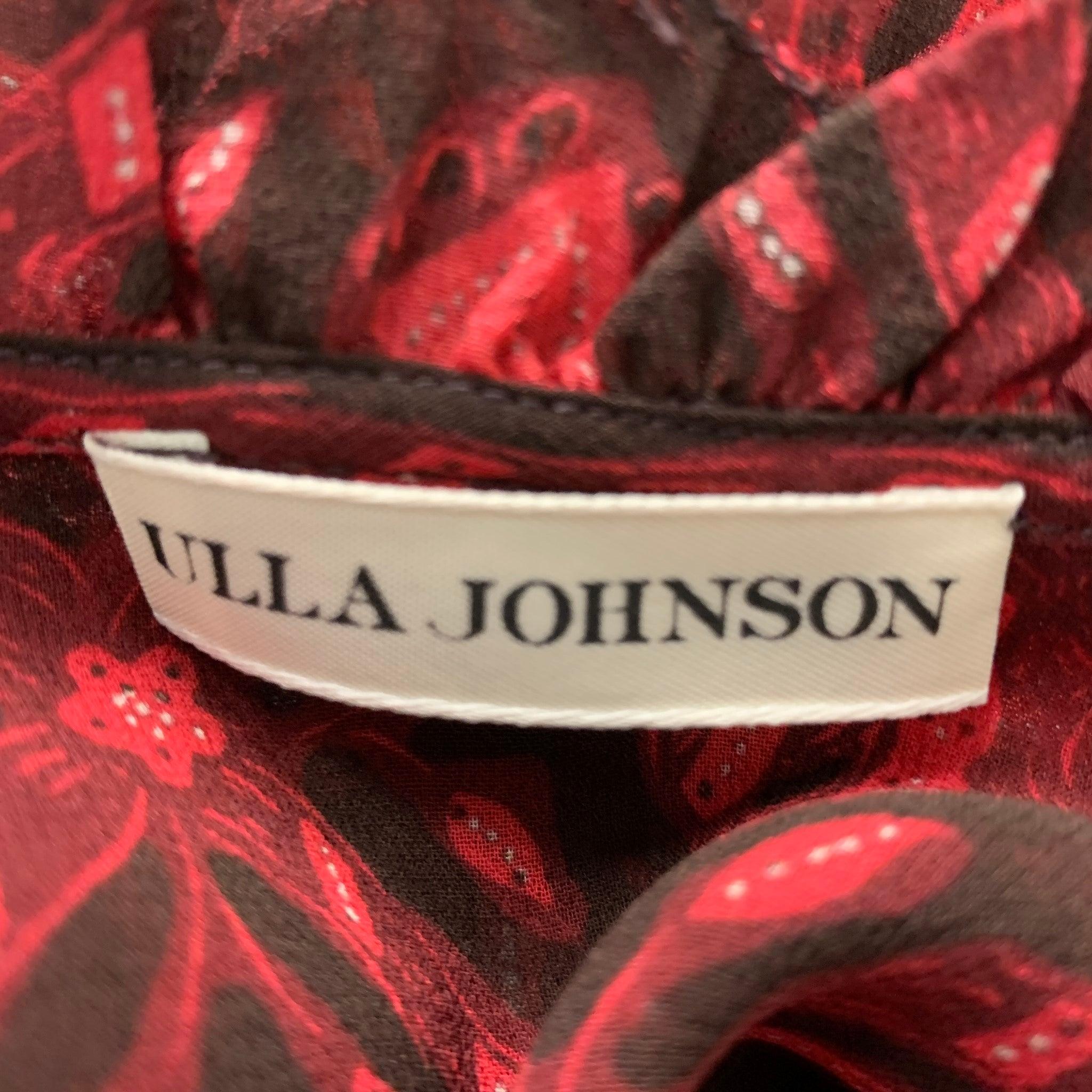 ULLA JOHNSON Size 2 Red Black Silk Abstract V-Neck Casual Top For Sale 1