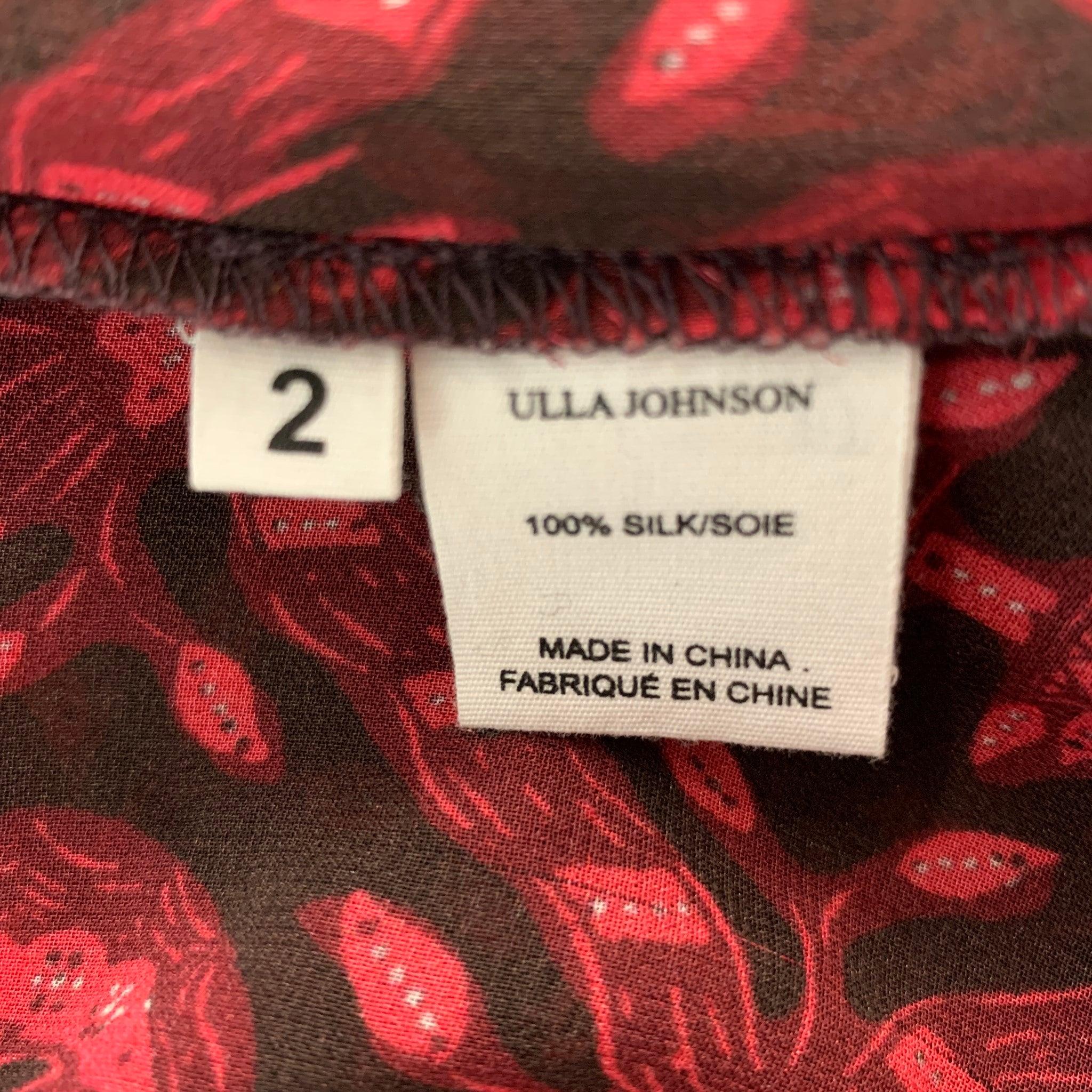 ULLA JOHNSON Size 2 Red Black Silk Abstract V-Neck Casual Top For Sale 3