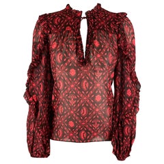 ULLA JOHNSON Taglia 2 Rosso Nero Seta astratta con scollo a V Casual Top