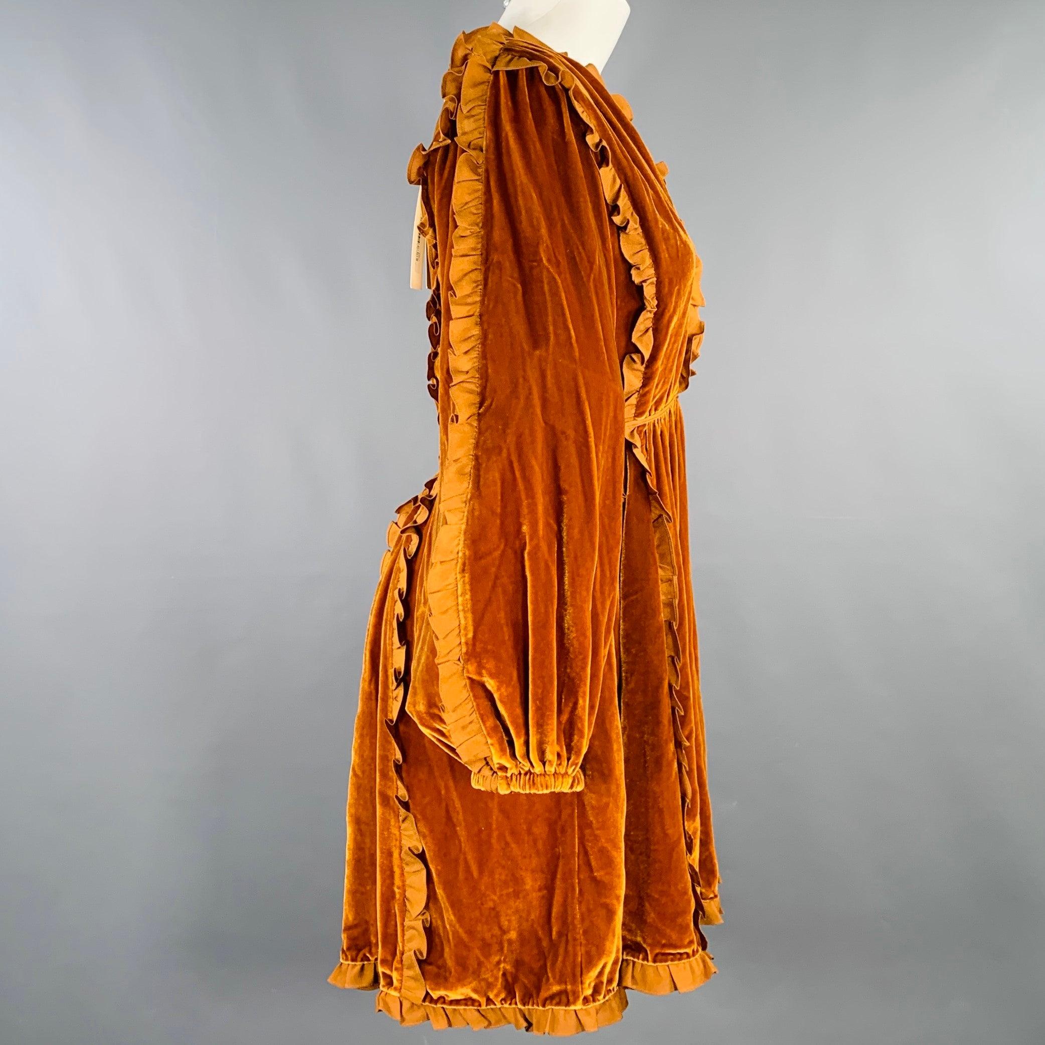 Red ULLA JOHNSON Size 4 Camel Ruffled Long Sleeve Below Knee Dress For Sale