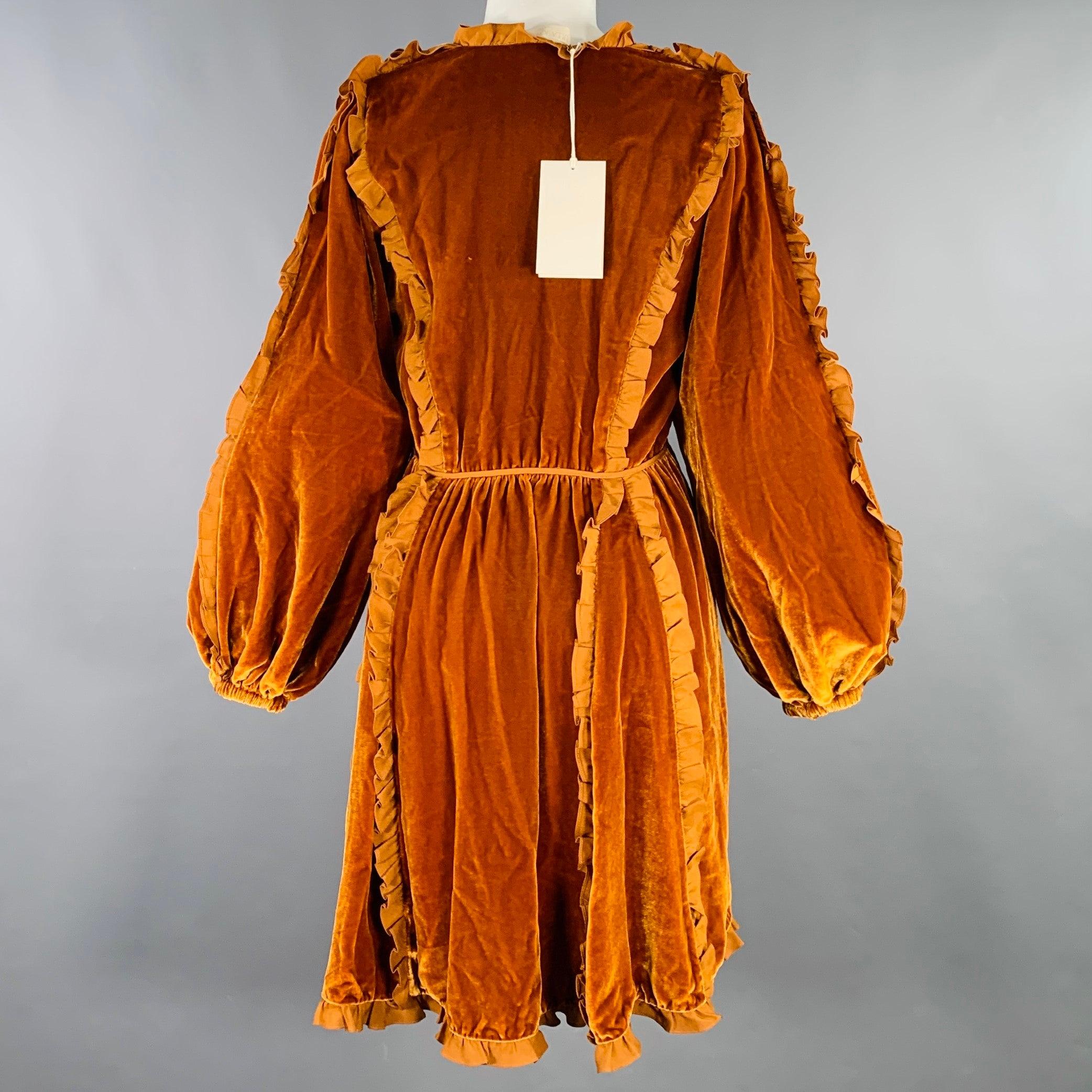 ULLA JOHNSON Size 4 Camel Ruffled Long Sleeve Below Knee Dress In Excellent Condition For Sale In San Francisco, CA