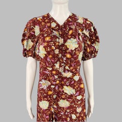 ULLA JOHNSON Size 4 Heleen Burgundy Multi Color Silk Floral Short Sleeve Dress