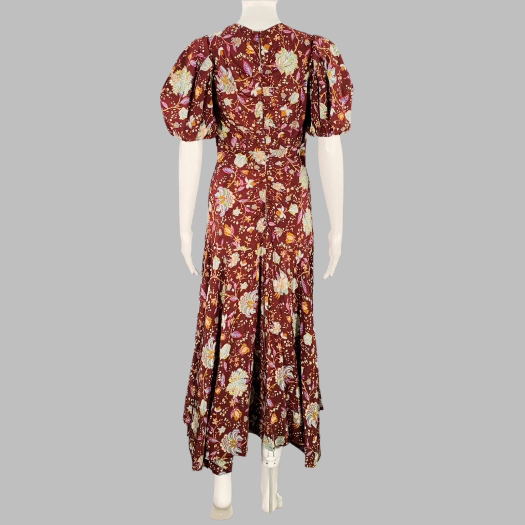ULLA JOHNSON Größe 4 Heleen Burgunderfarbenes, mehrfarbiges, geblümtes Seidenkleid mit kurzen Ärmeln und Blumenmuster im Zustand „Hervorragend“ im Angebot in San Francisco, CA