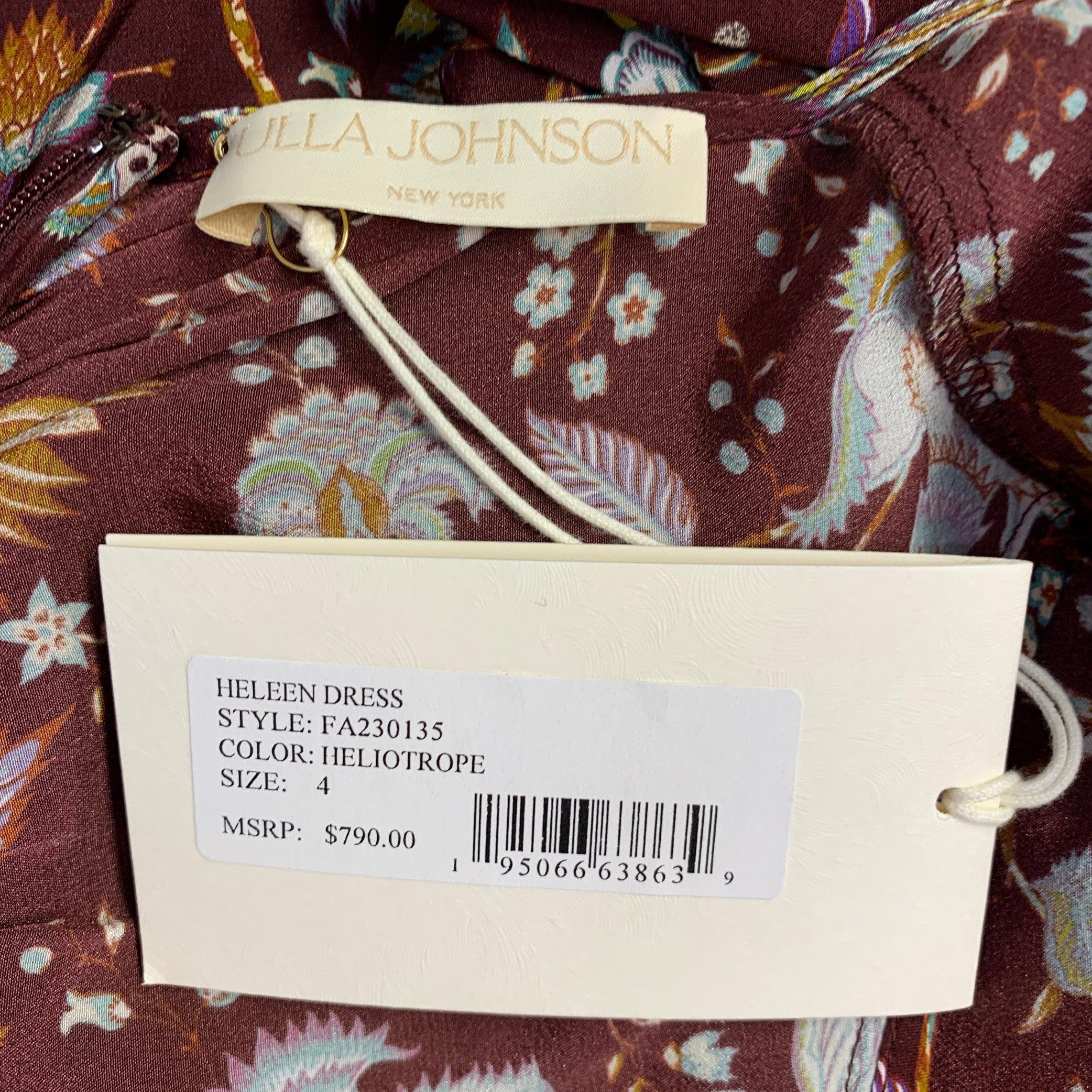 ULLA JOHNSON Größe 4 Heleen Burgunderfarbenes, mehrfarbiges, geblümtes Seidenkleid mit kurzen Ärmeln und Blumenmuster Damen im Angebot
