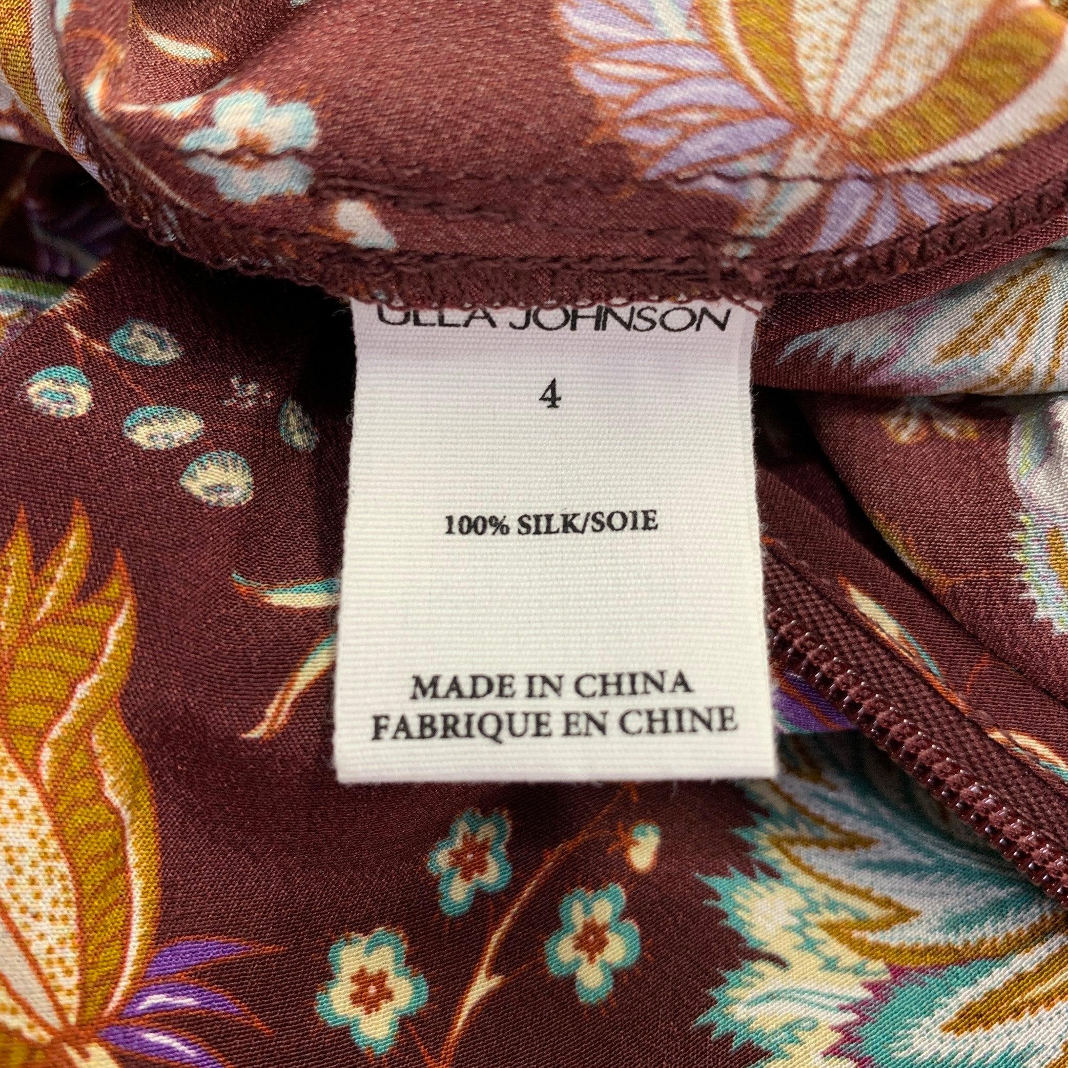 ULLA JOHNSON Größe 4 Heleen Burgunderfarbenes, mehrfarbiges, geblümtes Seidenkleid mit kurzen Ärmeln und Blumenmuster im Angebot 1