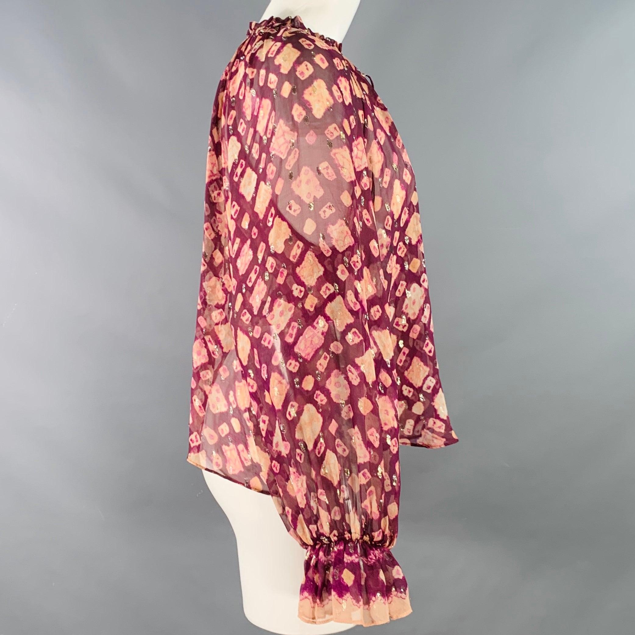 ULLA JOHNSON Talla 4 Violeta Amarillo Mezcla de Seda Abstracto Top Casual Manga Obispo en Bueno estado para la venta en San Francisco, CA