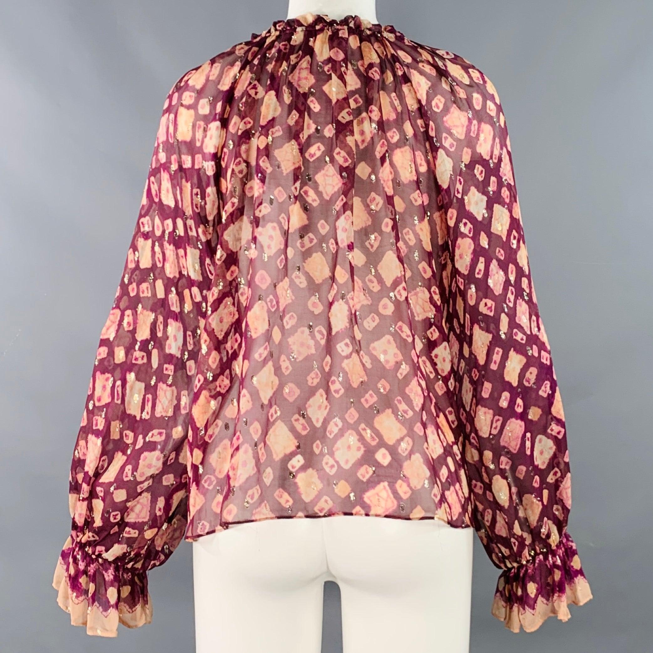 De las mujeres ULLA JOHNSON Talla 4 Violeta Amarillo Mezcla de Seda Abstracto Top Casual Manga Obispo en venta