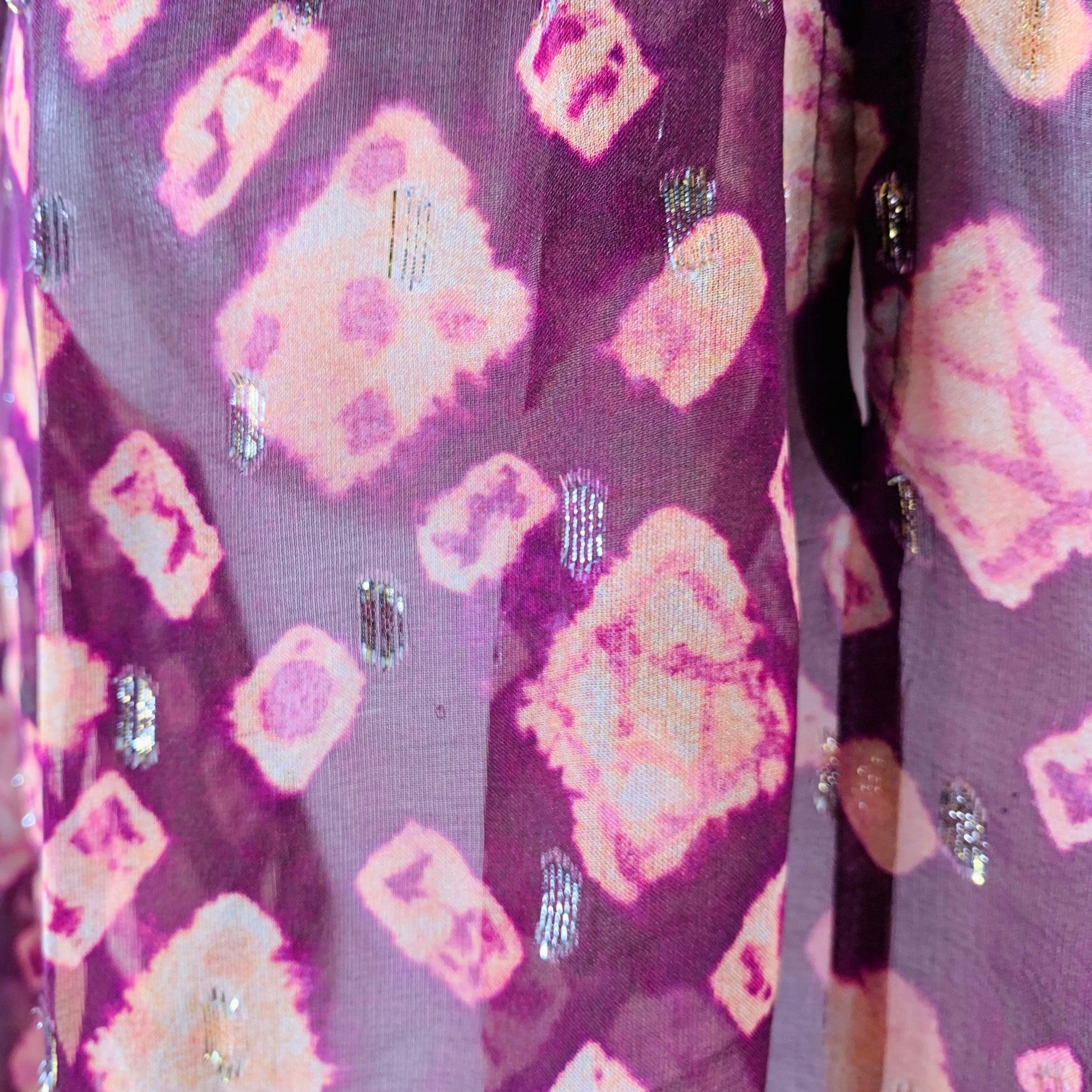 ULLA JOHNSON Talla 4 Violeta Amarillo Mezcla de Seda Abstracto Top Casual Manga Obispo en venta 1