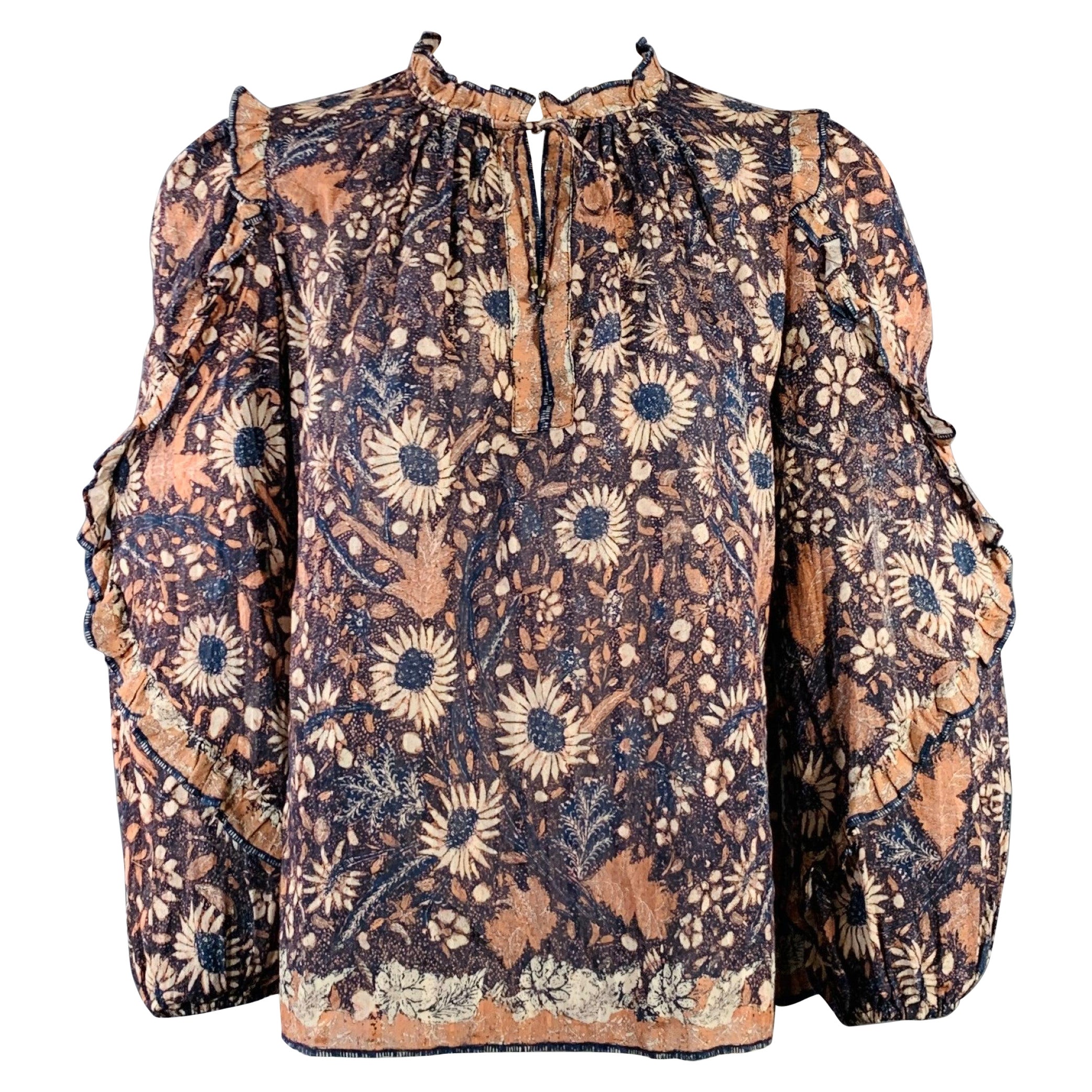 ULLA JOHNSON Size XS Manet Navy Brown Cotton Blend Floral V-Neck Blouse For Sale