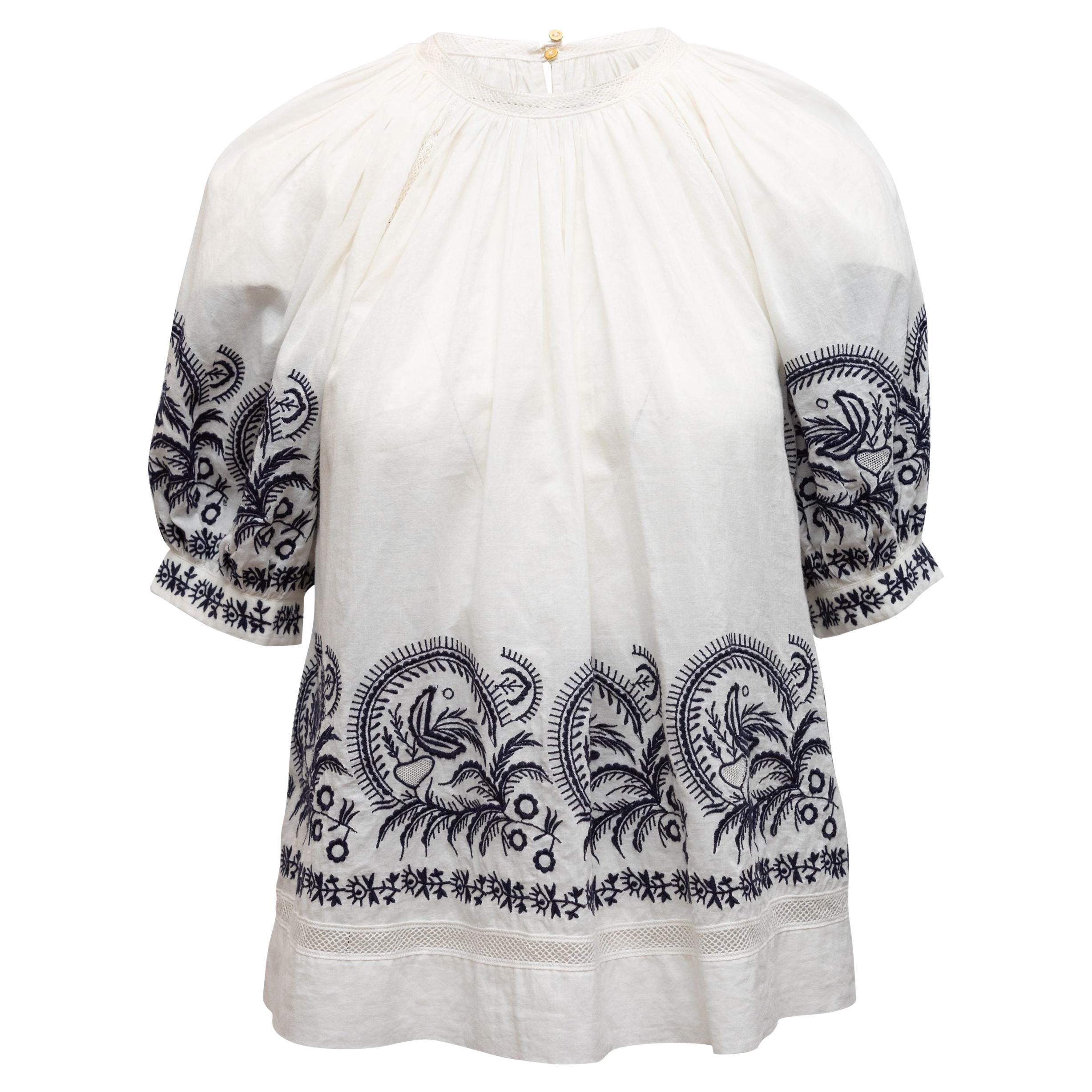 Ulla Johnson - Haut à manches courtes brodé blanc et bleu marine