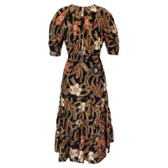 Ulla Johnson Zeenat Floral Print Shirred Midi Puffed Sleeve Dress in Multicolor Silk