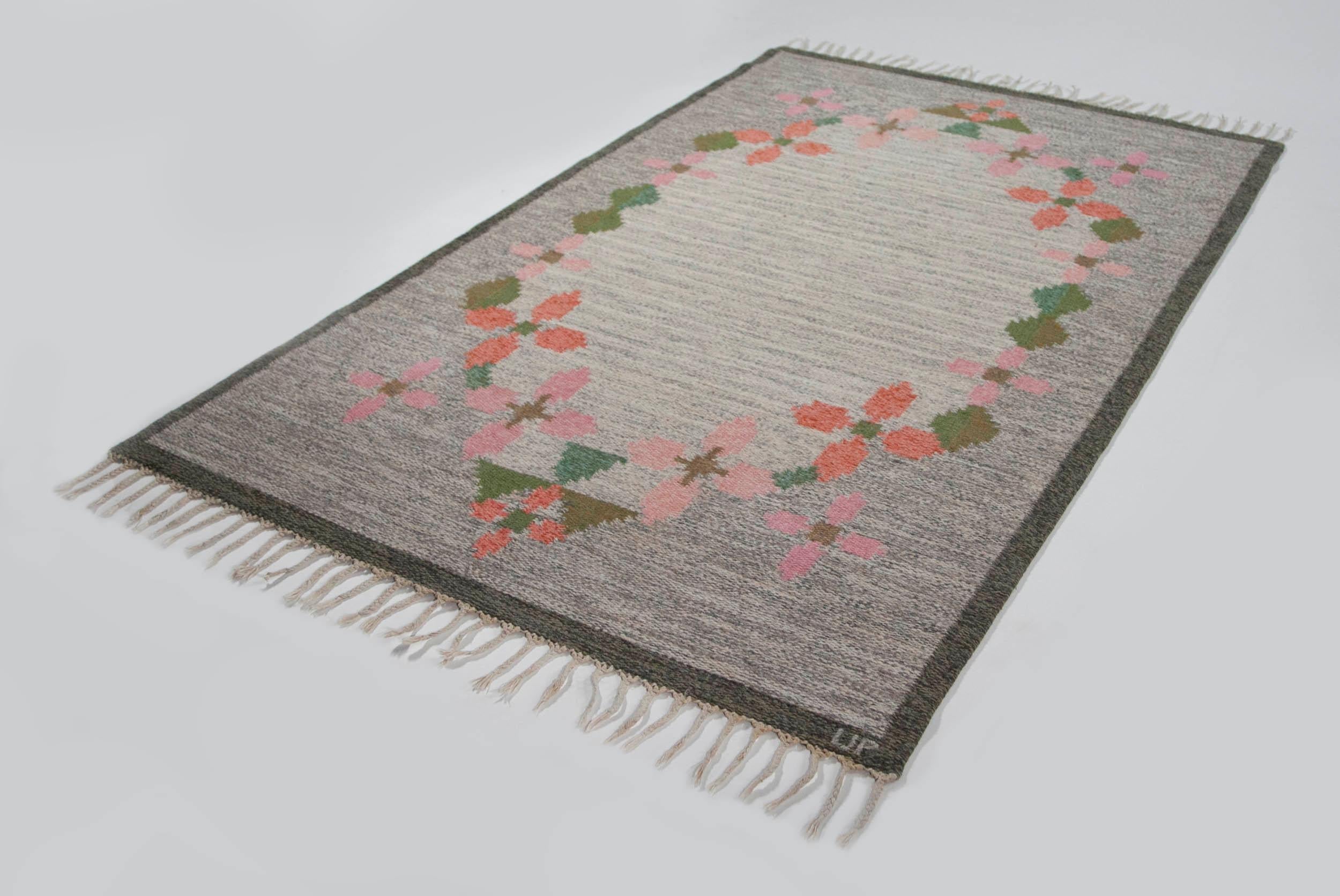 Scandinavian Modern Ulla Parkdah Swedish Flat-Weave Rug, Signed UP, Sweden, 1960s For Sale