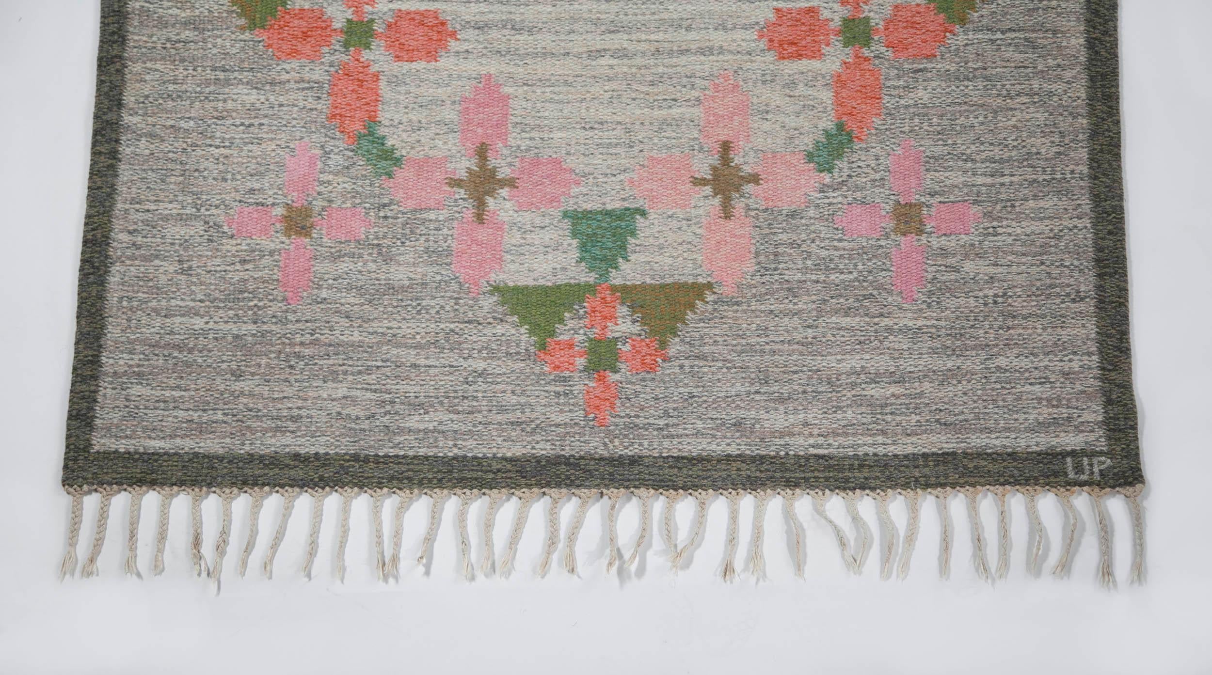 Hand-Woven Ulla Parkdah Swedish Flat-Weave Rug, Signed UP, Sweden, 1960s For Sale