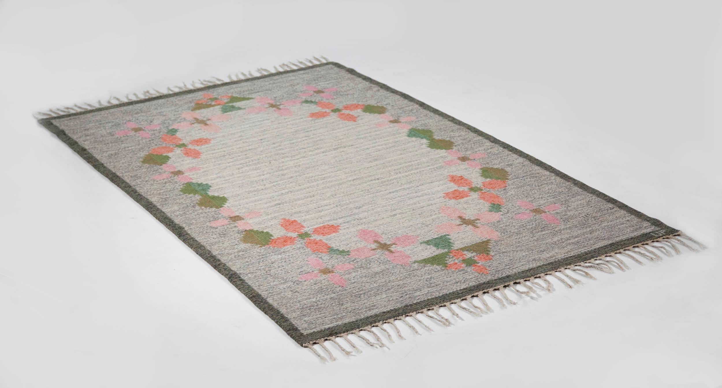 Ulla Parkdah Swedish Flat-Weave Rug, Signed UP, Sweden, 1960s In Good Condition For Sale In Los Angeles, CA