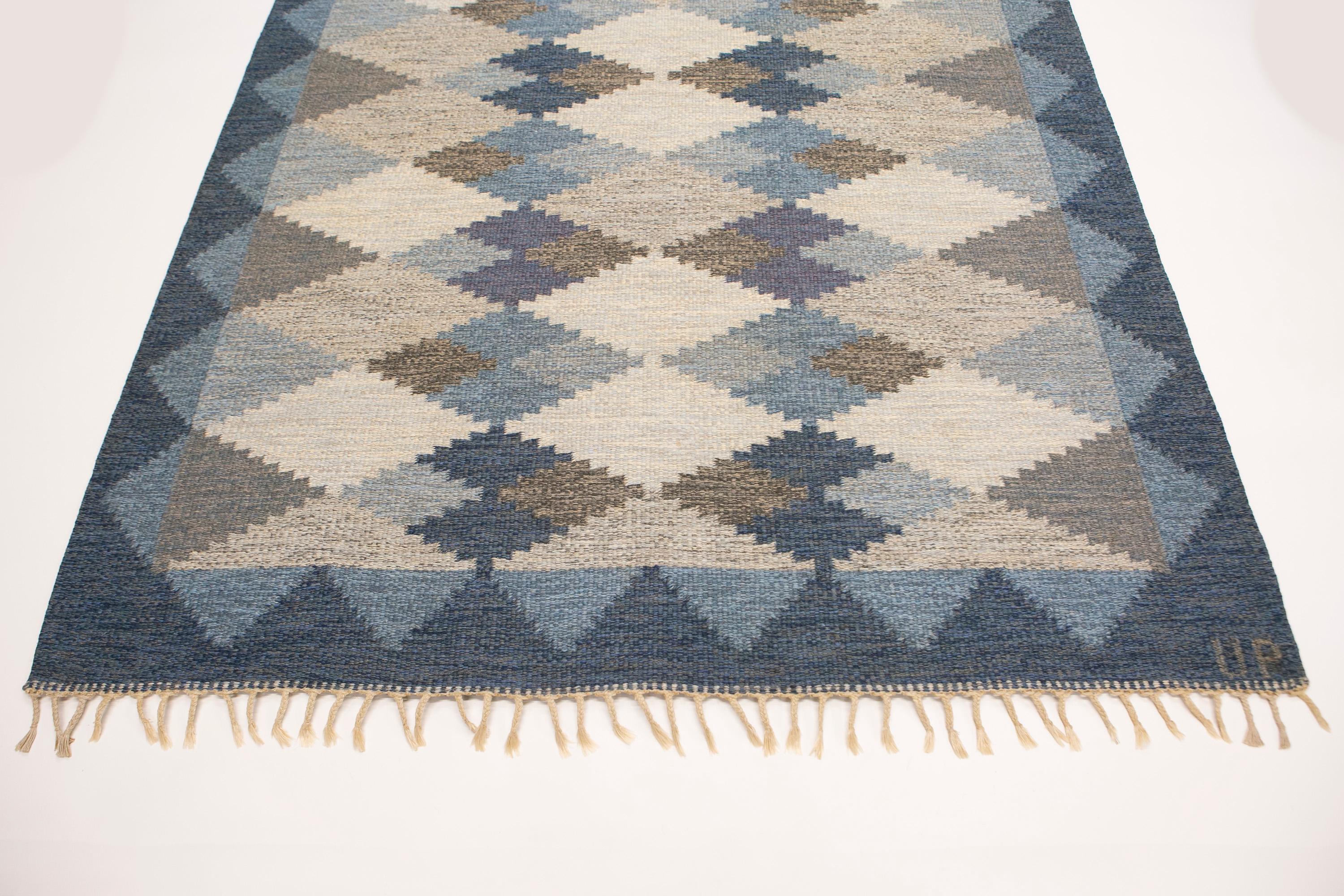  Ulla Parkdal Blue Grey Swedish Flat Weave Hand Woven Rug - Sweden, Swedish 1960 For Sale 6