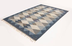 Ulla Parkdal Blue Grey Swedish Flat Weave Hand Woven Rug - Sweden, Swedish 1960