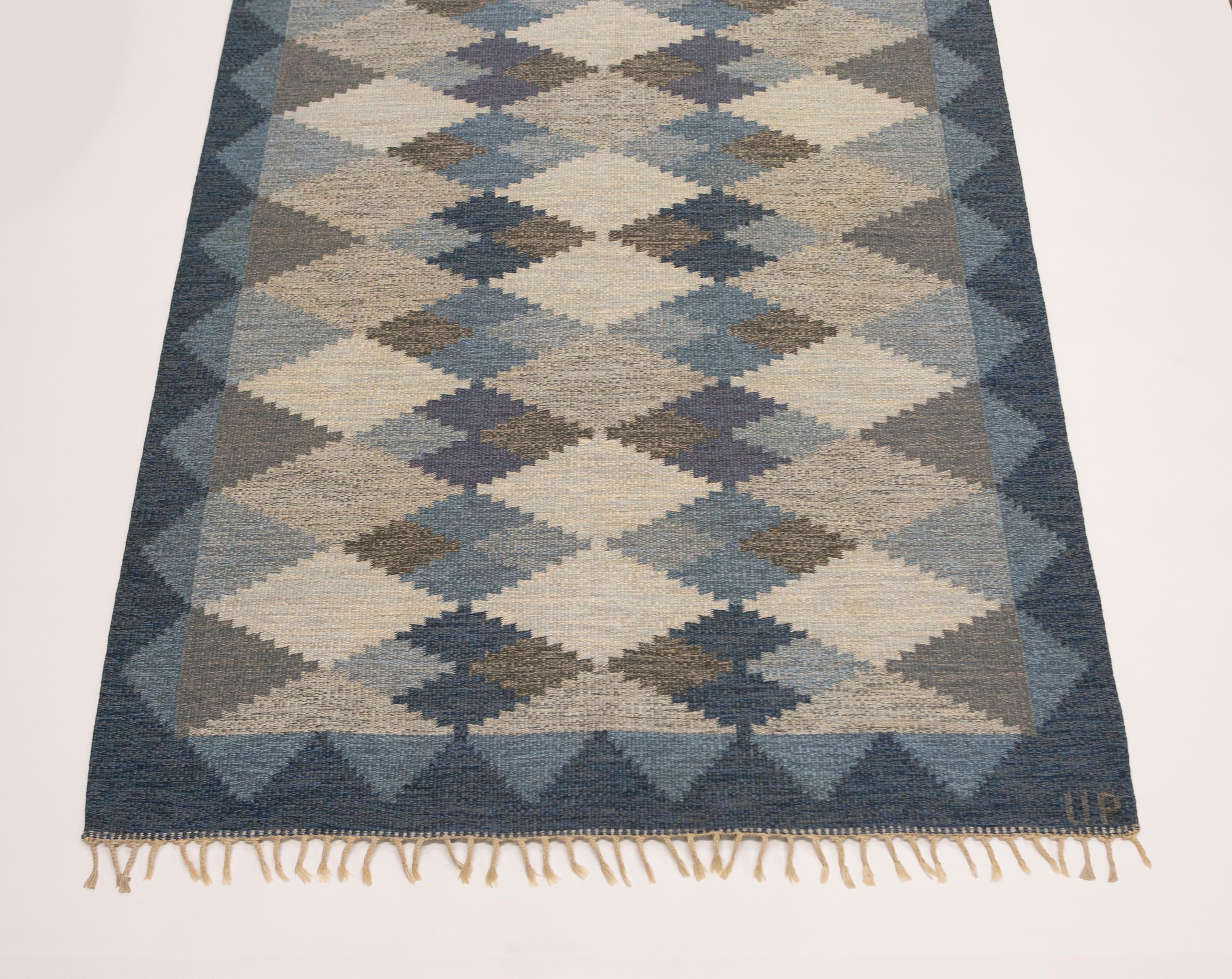 Européen Tapis suédois tissé à la main Ulla Parkdal, bleu-gris, tissé à plat - Suède, suédois 1960 en vente